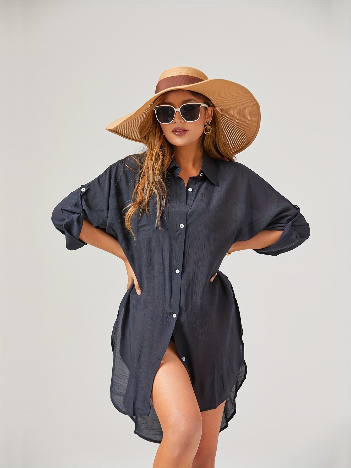 Women's Plus Size V-Neck Long Sleeve Sun Protective Beach Cover-Up
