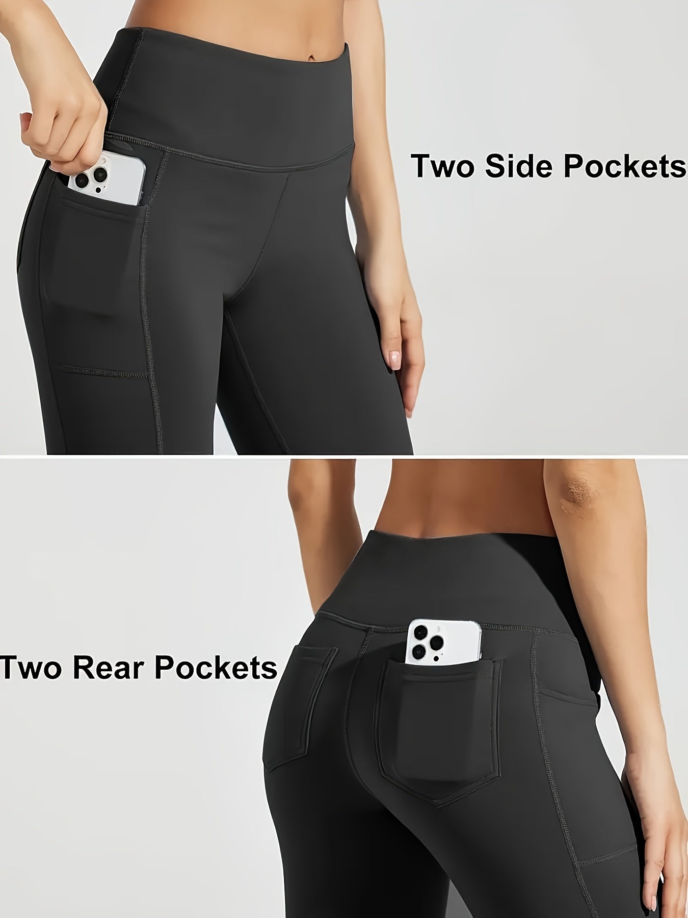 Pantalones de pierna acampanada para mujer de talla grande con bolsillos para teléfono, con control de abdomen elástico en negro, verde y azul