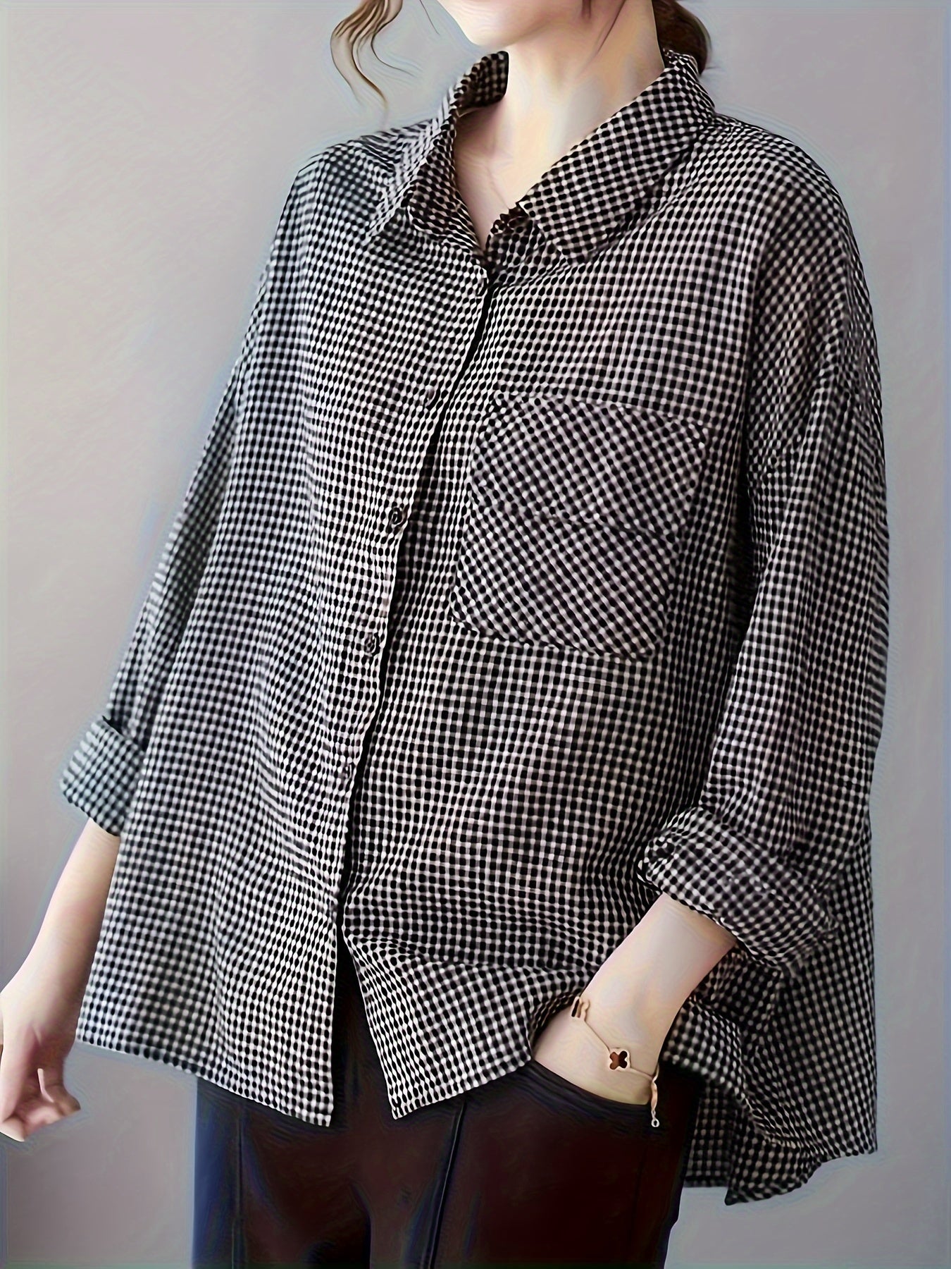 Plus Size Plaid Shirt for Women with Pockets and Collared Design in Polyester