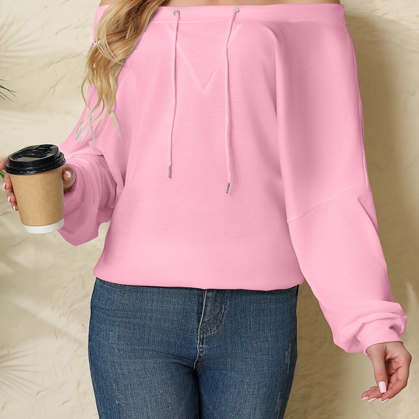 Women’s Polyester Knit Off-Shoulder Pullover Sweatshirt with Drawstring