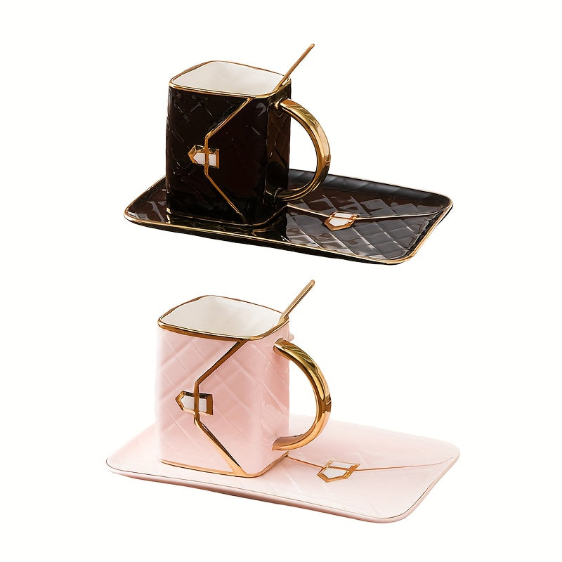 Pink and White Teacup Set with Gold Handles Quilted Design for Afternoon Tea