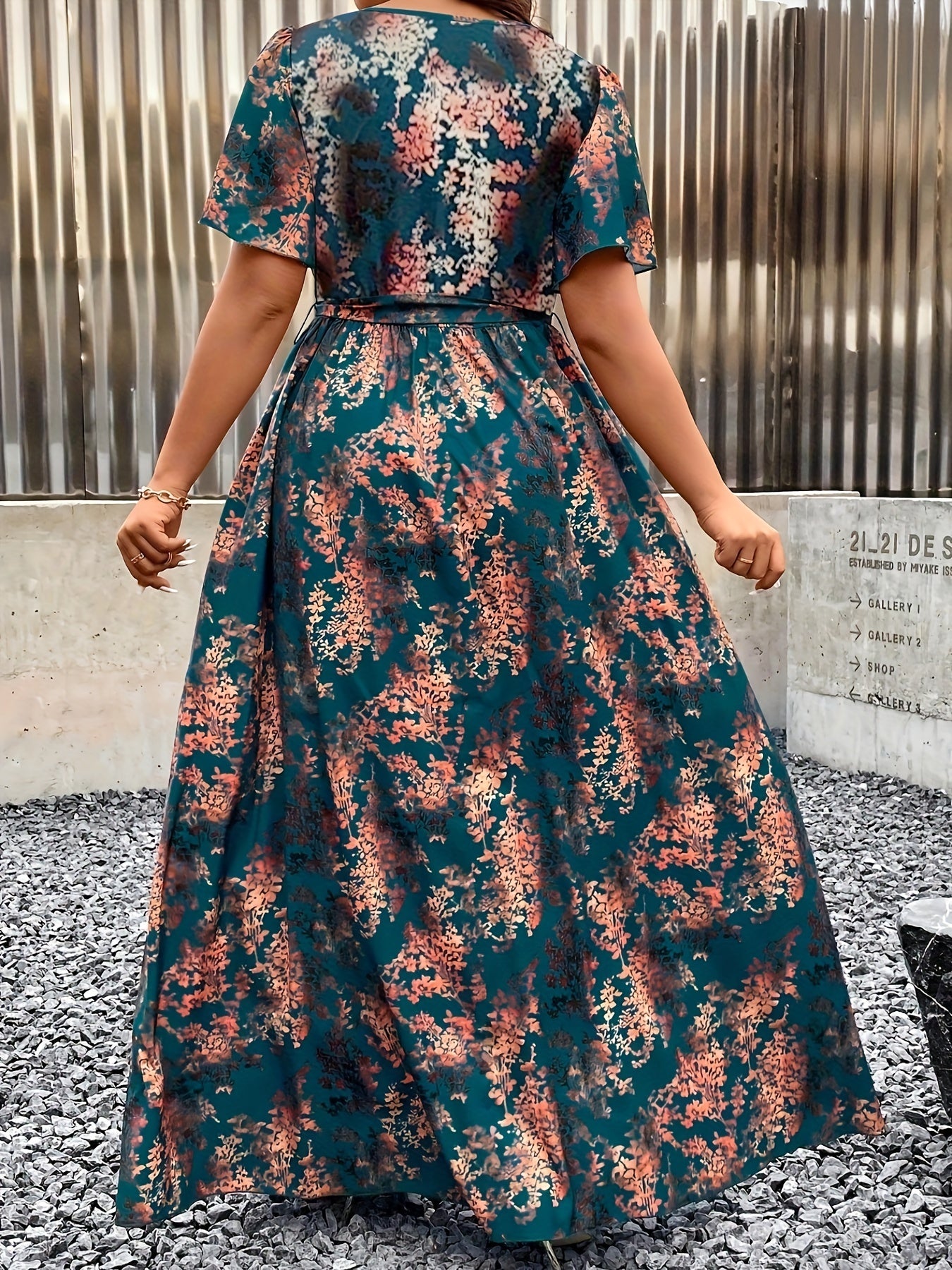 Women's Polyester Midi Tunic Dress with Floral Print Ruffle Sleeves and Belt
