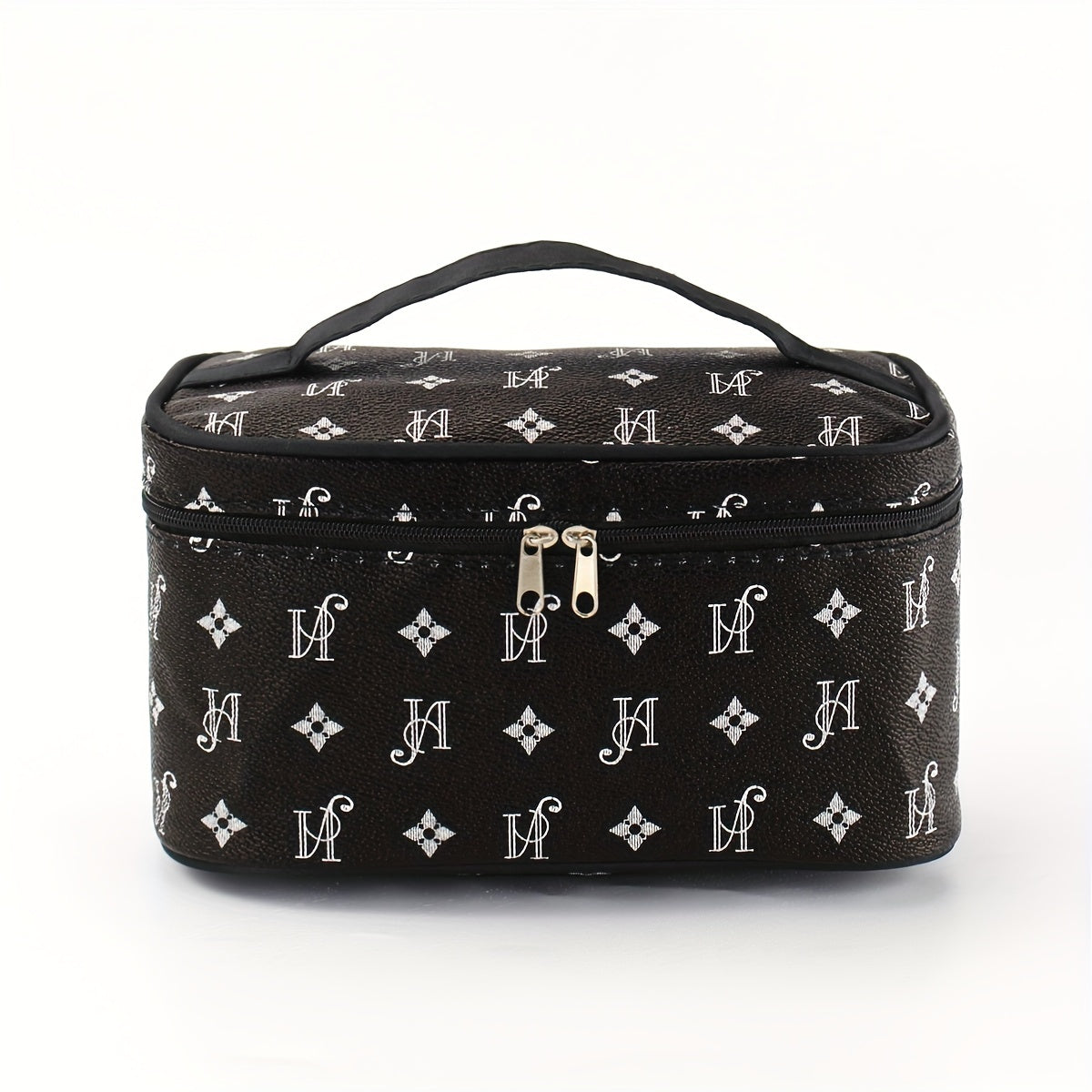 Minimalist Beige Synthetic Leather Makeup Bag with Black Handles and Zippers