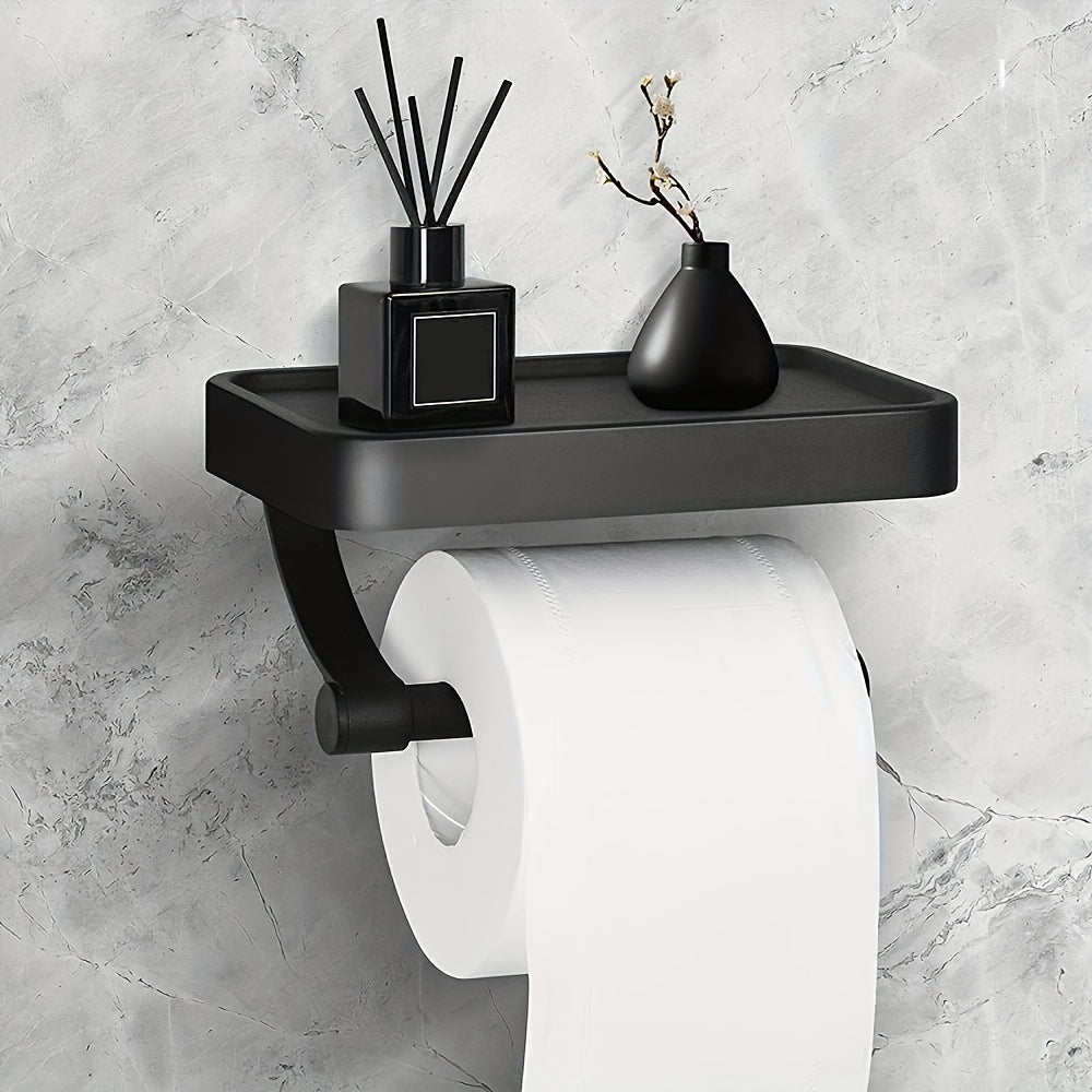 Soporte de papel higiénico de acero inoxidable de montaje en pared con estante para teléfono accesorio de baño negro