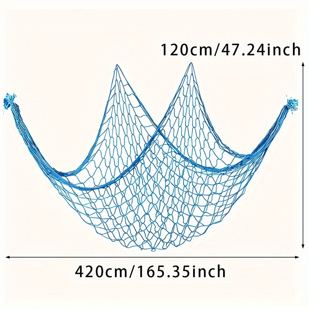Nautical Blue Fishing Net Wall Decor with Seashells for Ocean-Themed Events