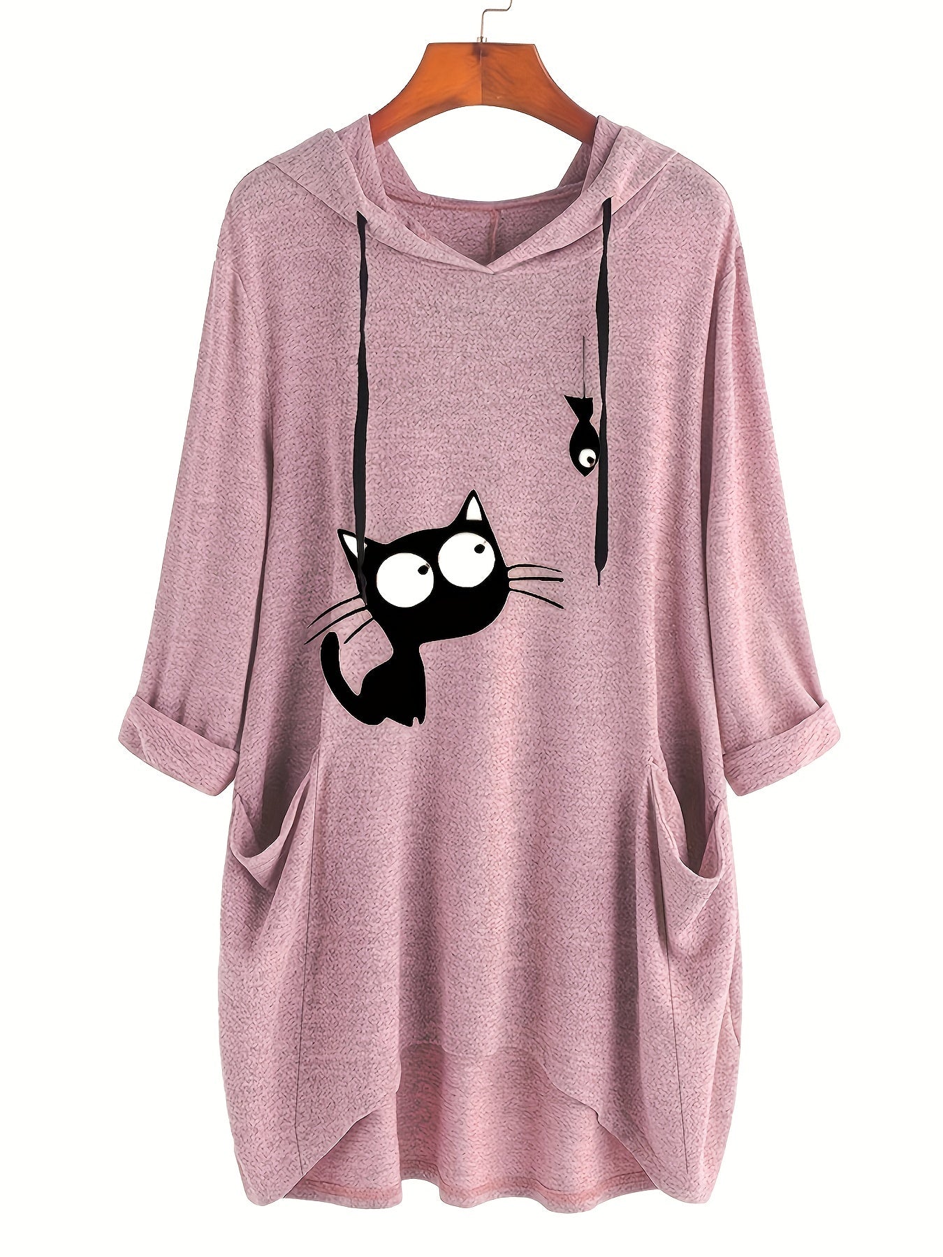 Ayollar uchun pushti hoodie qora mushuk grafikasi bilan qulay kuzki sviter