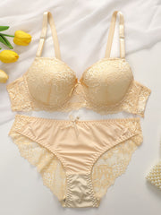 Women's Floral Lace Lingerie Set with Push-Up Bra and See-Through Briefs