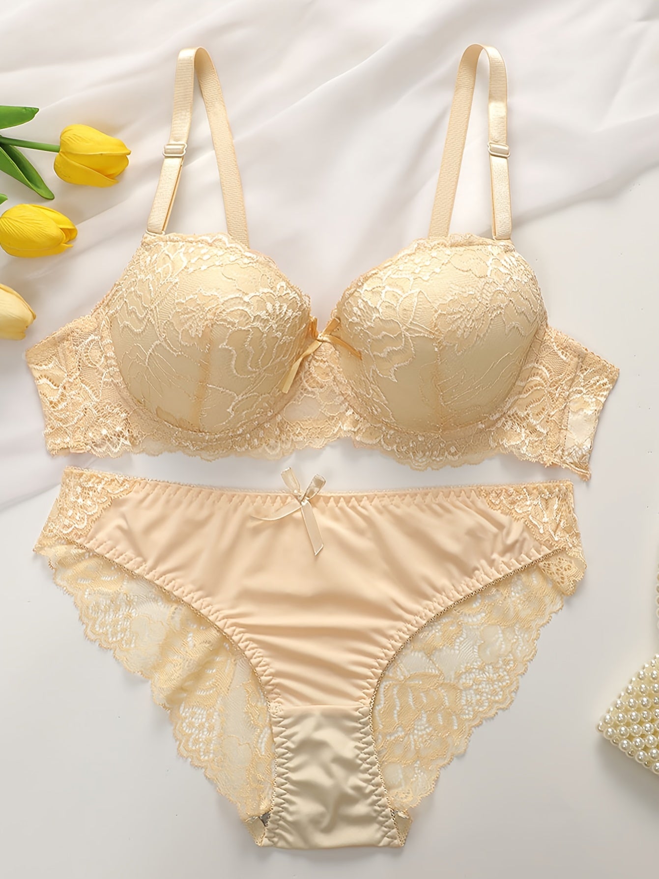 Women's Floral Lace Lingerie Set with Push-Up Bra and See-Through Briefs