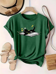 Women’s Cotton T-Shirt With Cat and Flower Print, Soft, Comfortable, Casual Top