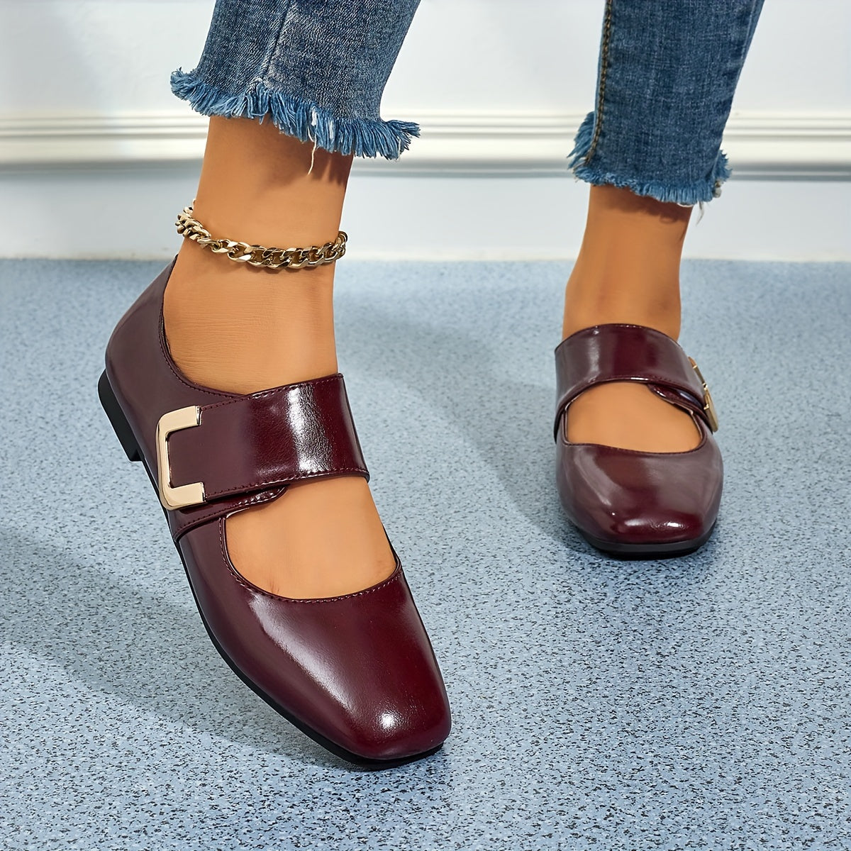 Women's Mary Jane Flats Faux Leather Square Toe College Style All-Season Non-Slip
