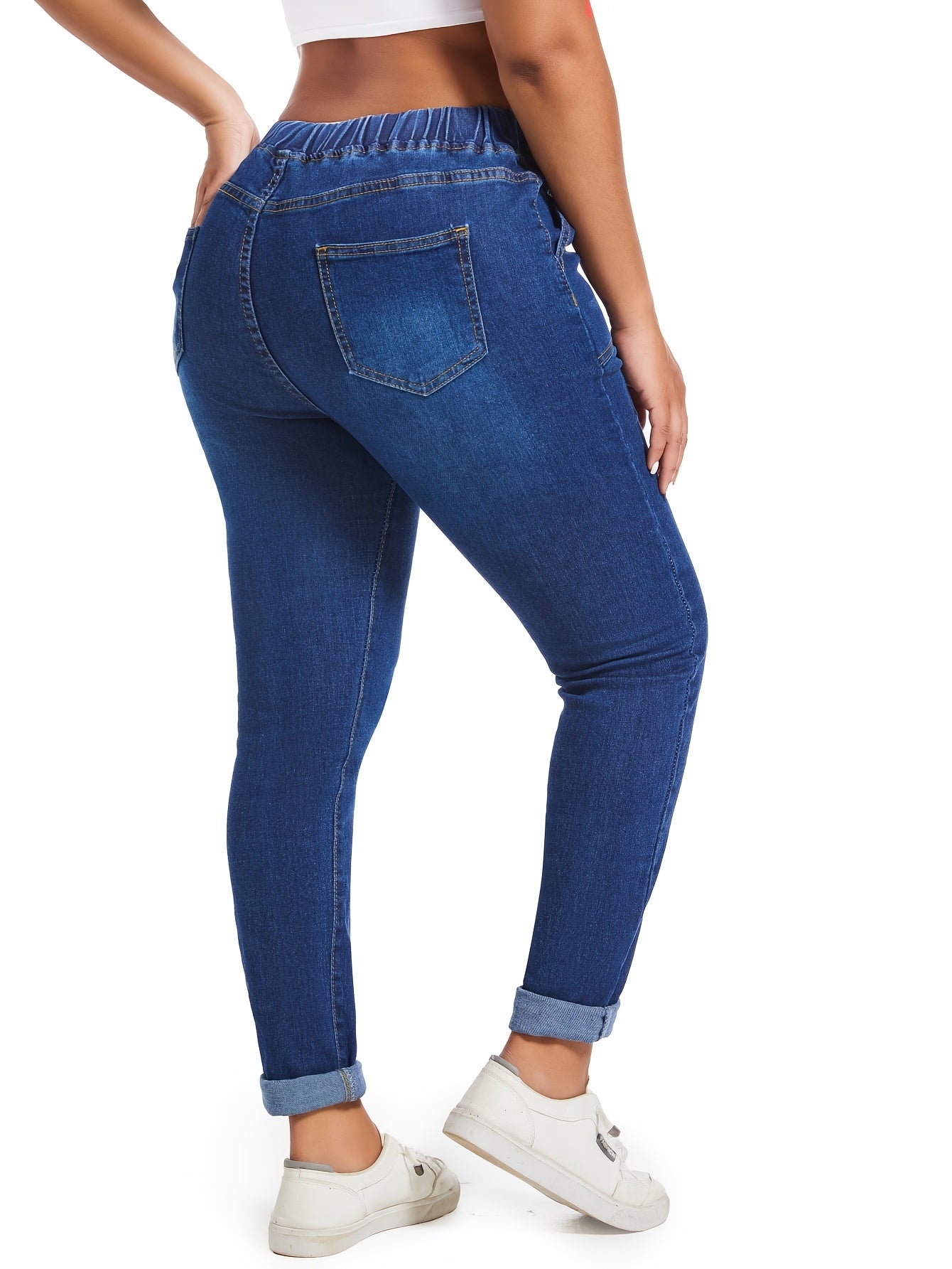 Plus Size Vintage Women's Skinny Jeans with Drawstring Waist Medium Stretch Denim