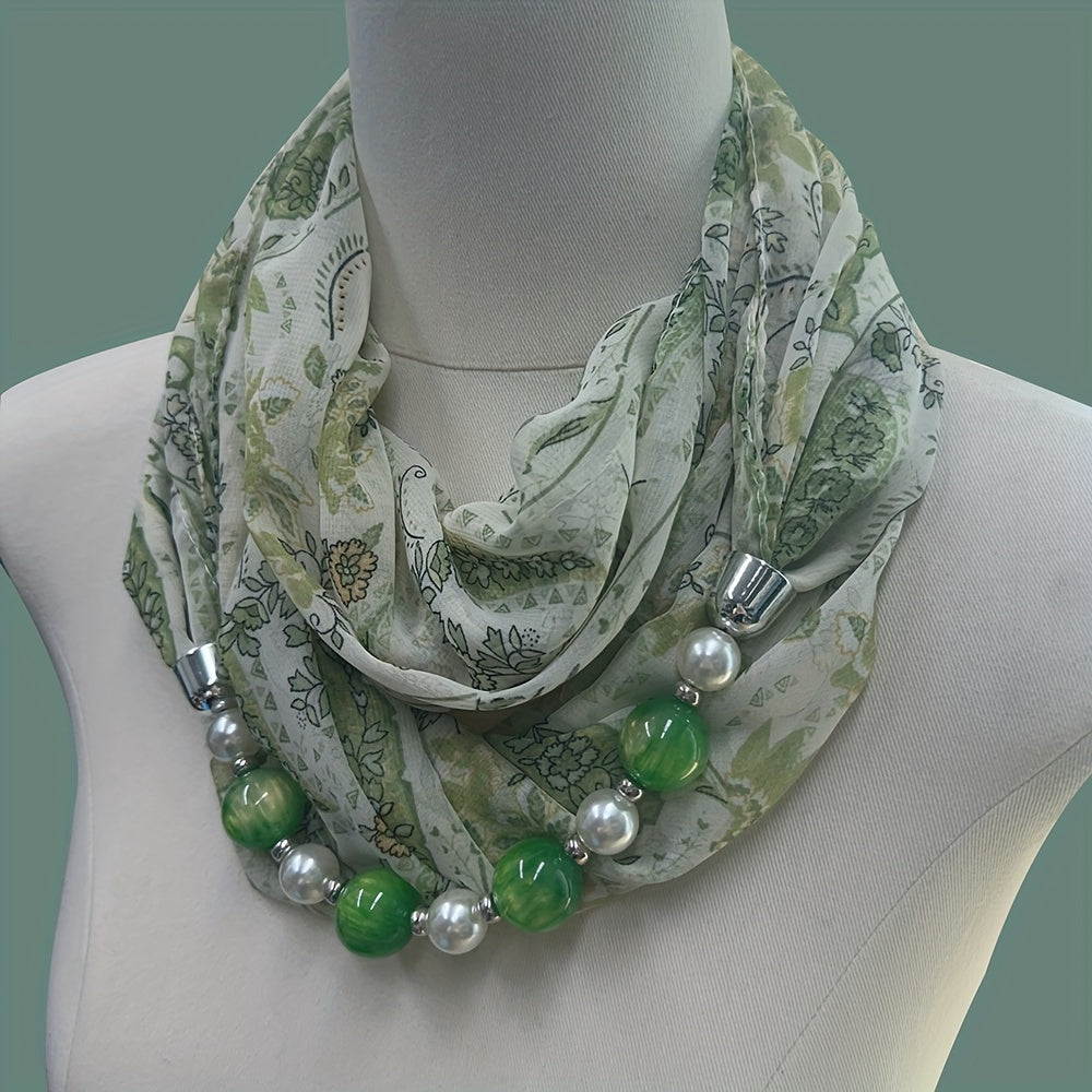 Beaded Necklace Scarf Women’s Chiffon Imitation Ceramic Beads Infinity Accessory