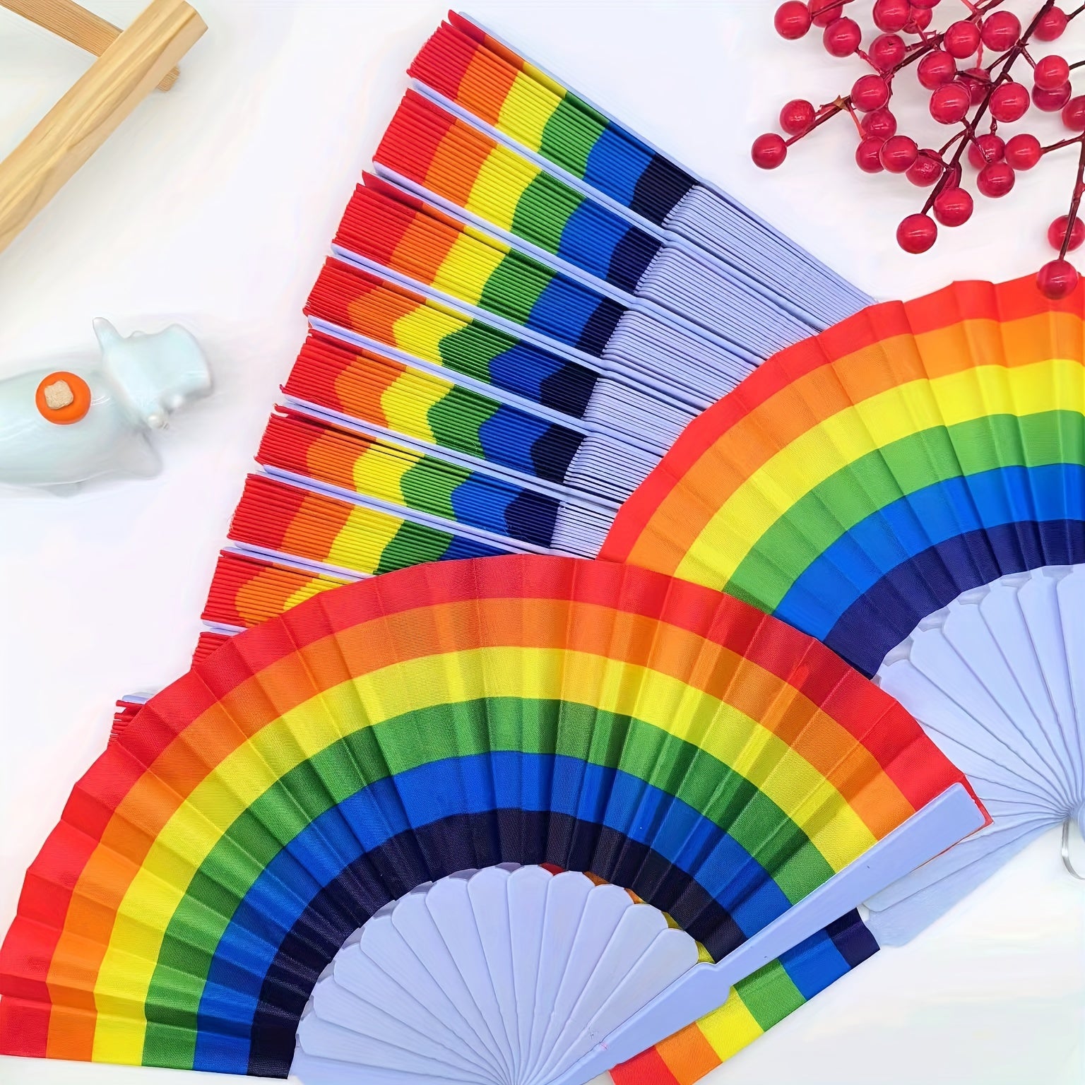 Set of 3/6/12 Rainbow Folding Fans Handheld Fabric Dance Props Party Decorations