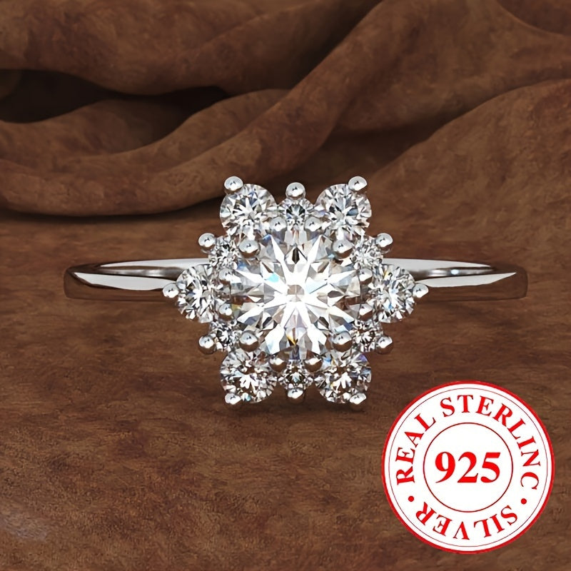 Sterling Silver Flower Cluster Ring with Cubic Zirconia Snowflake Band Wedding Jewelry
