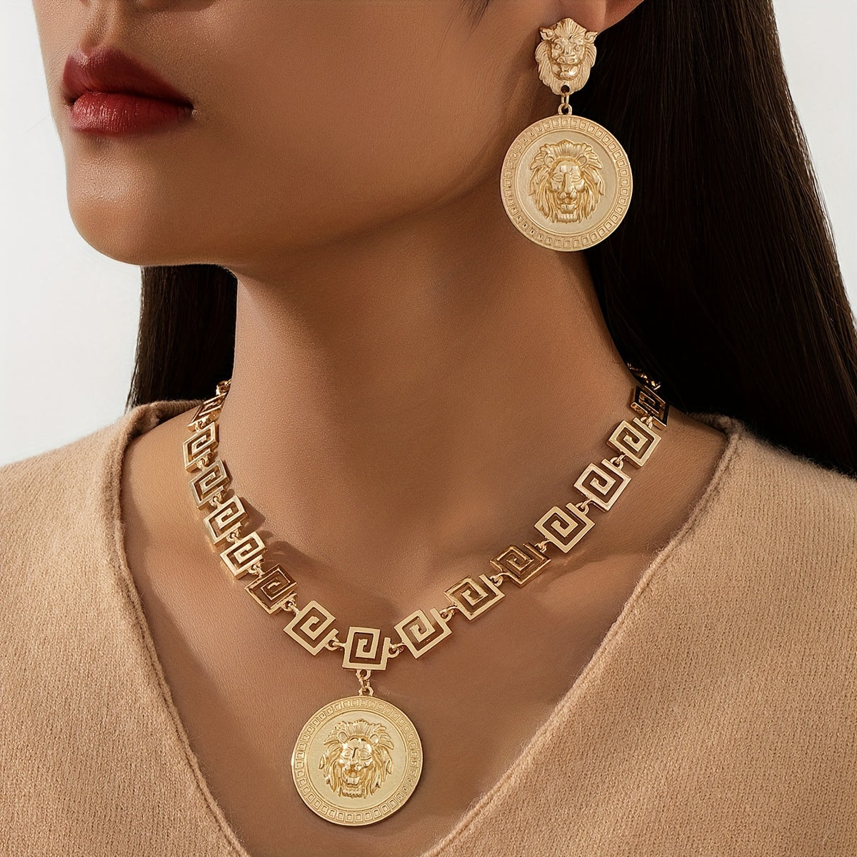 Gold Plated Lion Head Pendant Necklace and Earring Set for Women Minimalist Zinc Alloy Jewelry