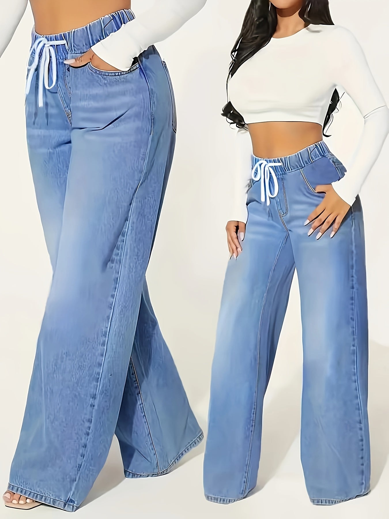Women's Plus Size Rayon Wide Leg Drawstring Waist Jeans