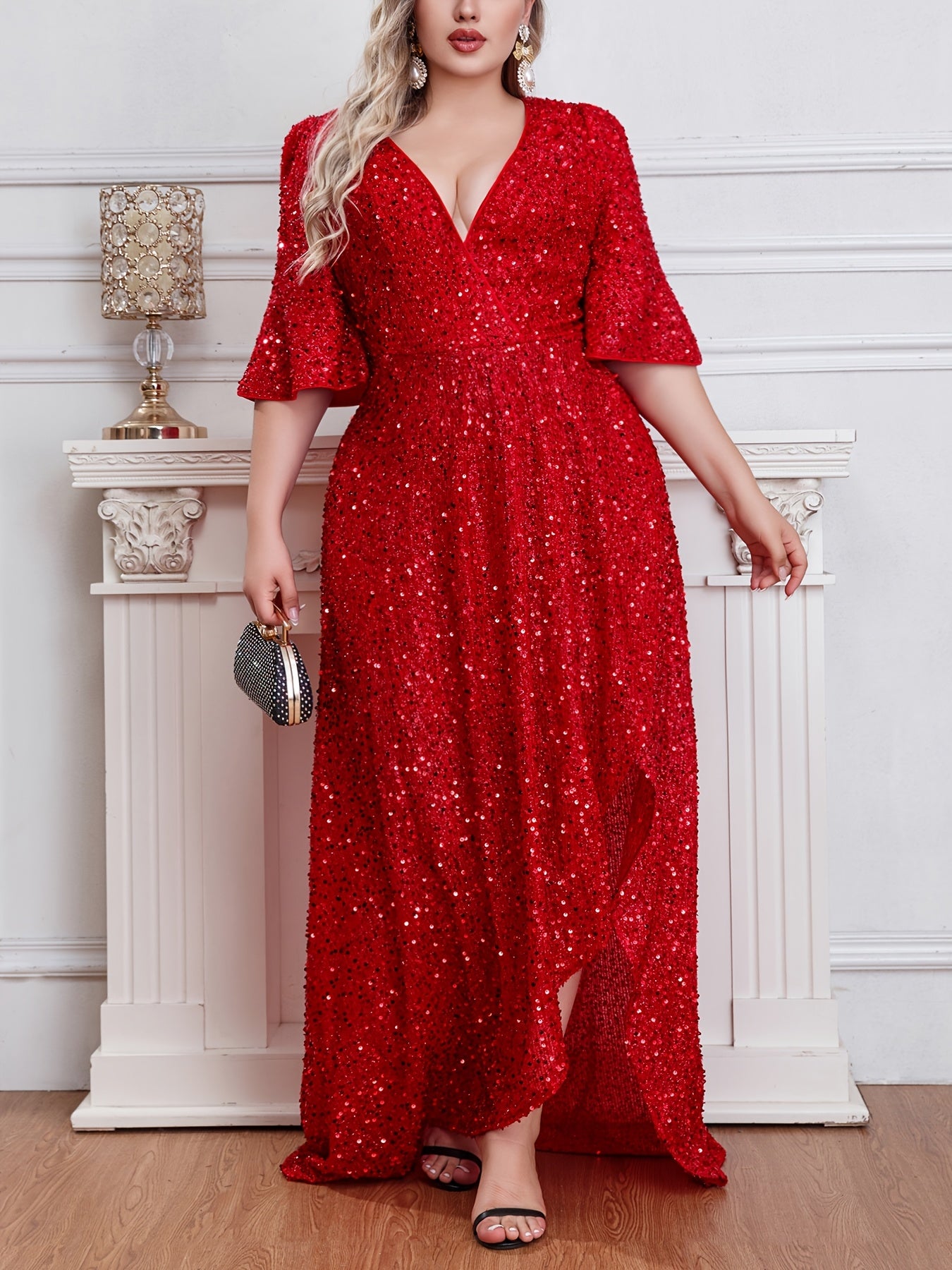 Plus Size Dress Solid Color Beaded Splicing Ruffle Hem