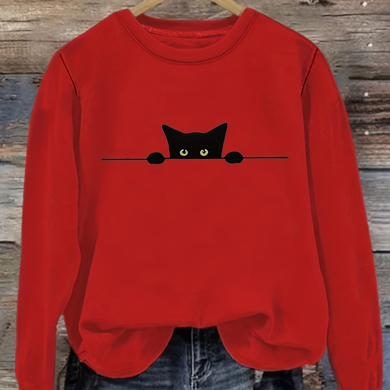 Plus Size Women's Cat Print Sweatshirt Long Sleeve Crew Neck Pullover