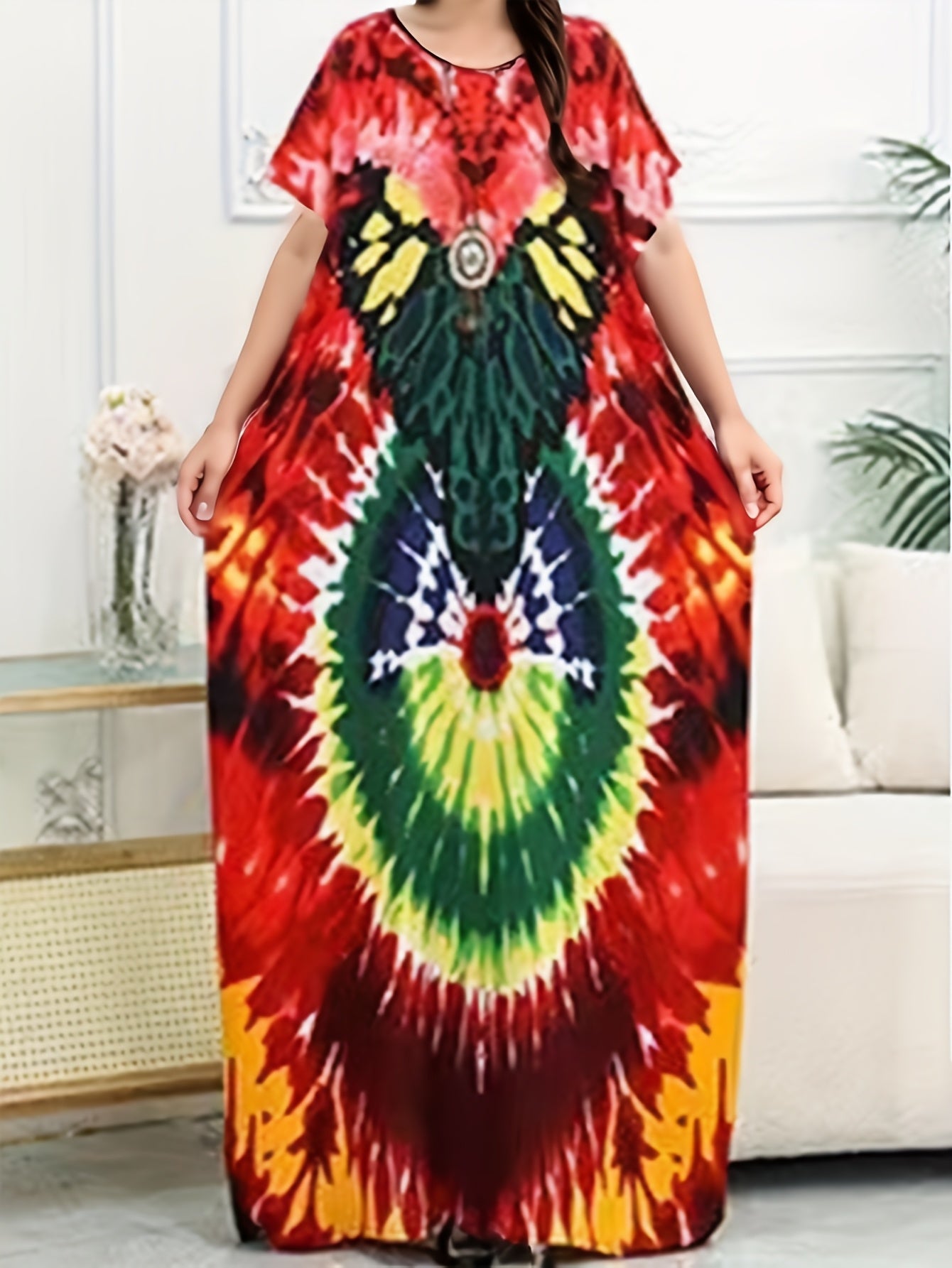 Plus o'lcham ayollar uchun tie-dye plyaj kiyimlari, bezsiz, quyoshdan himoyalovchi tunik