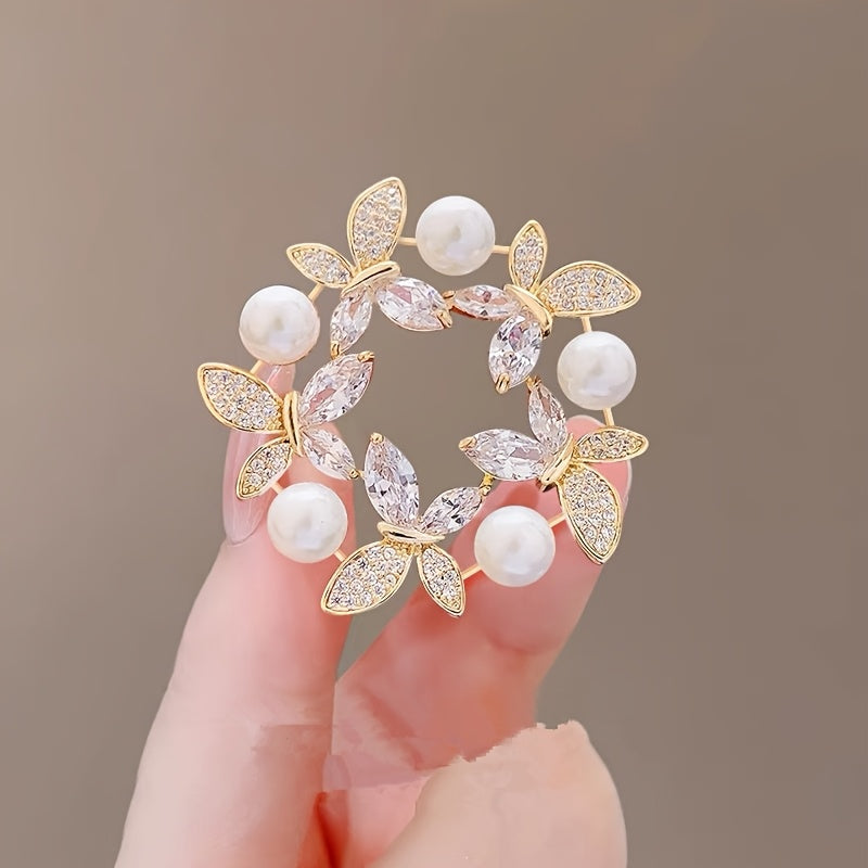 Butterfly and Floral Wreath Brooch Gold Tones Rhinestones Pearls Dress Hat Bag Accessories