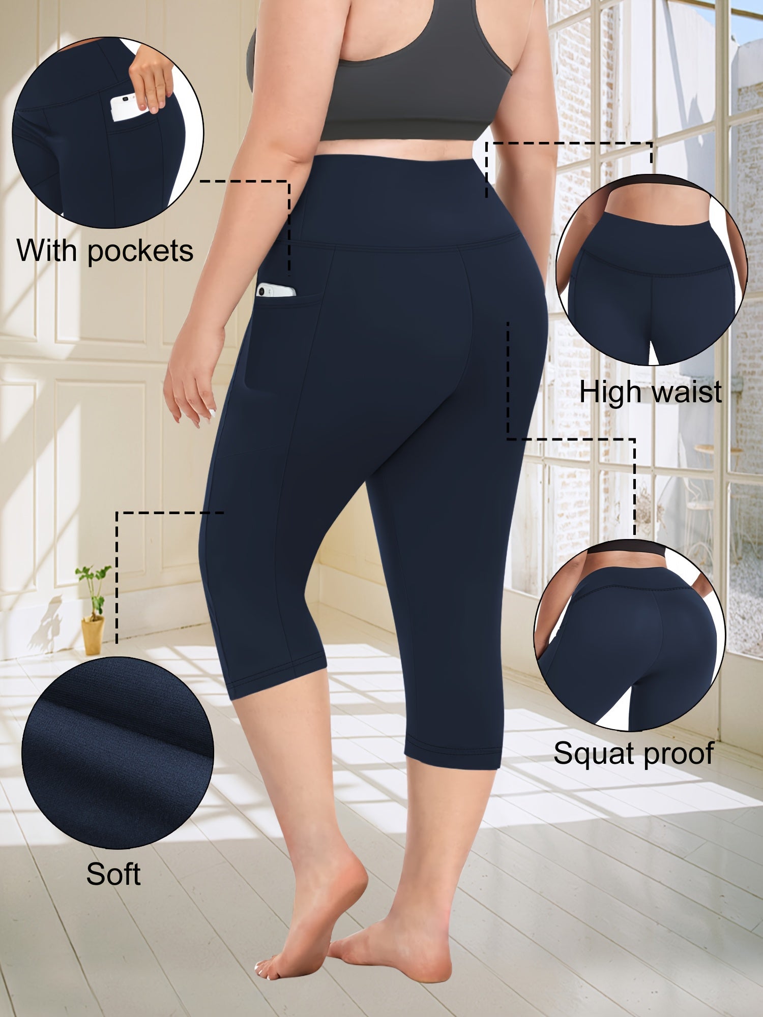 Plus Size High Waist Pocketed Leggings Stretchy Skinny Fit Casual Spring Summer Fall