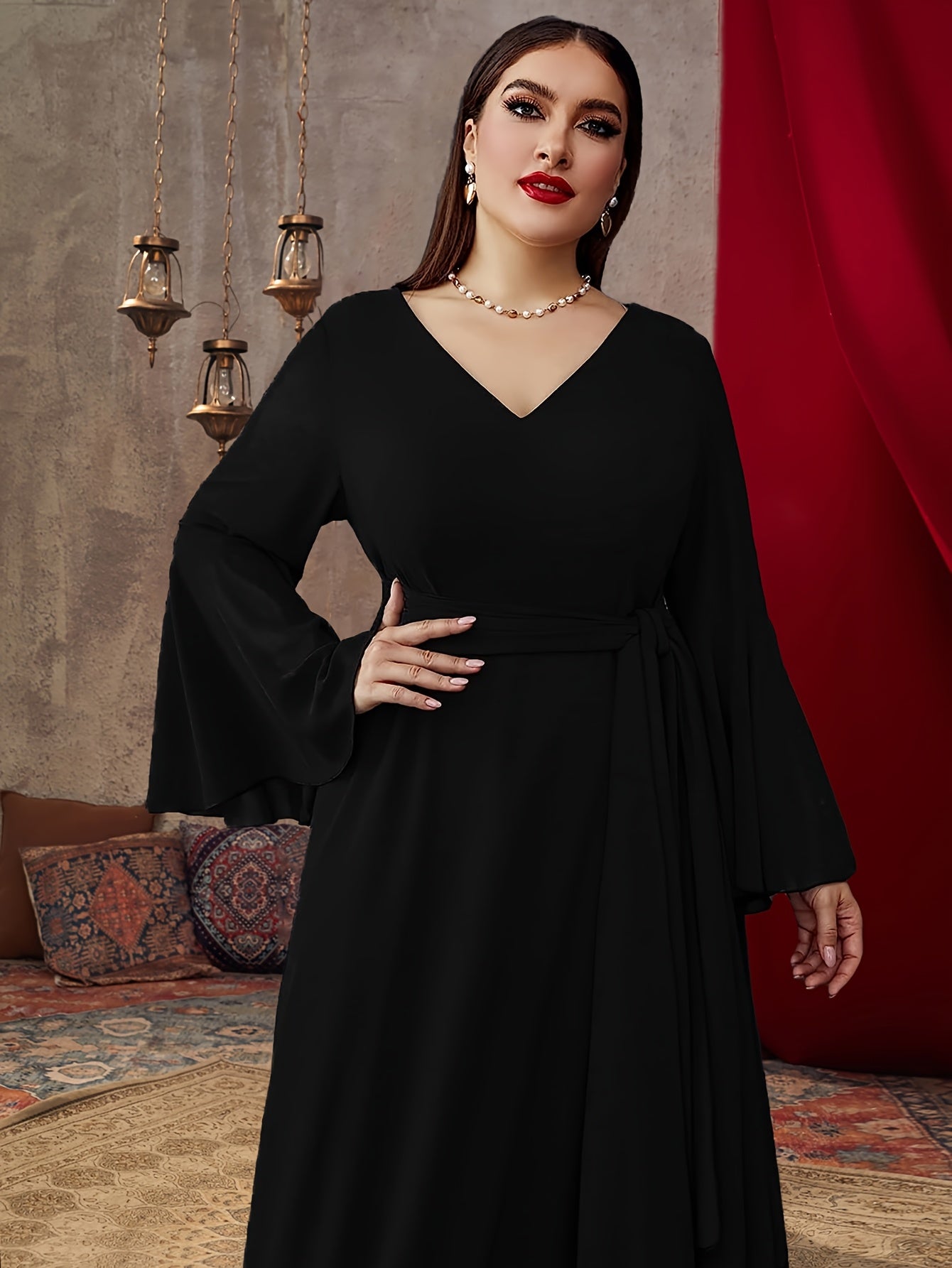 Women Chiffon V-Neck Dress with Belt for Formal Events Plus Size