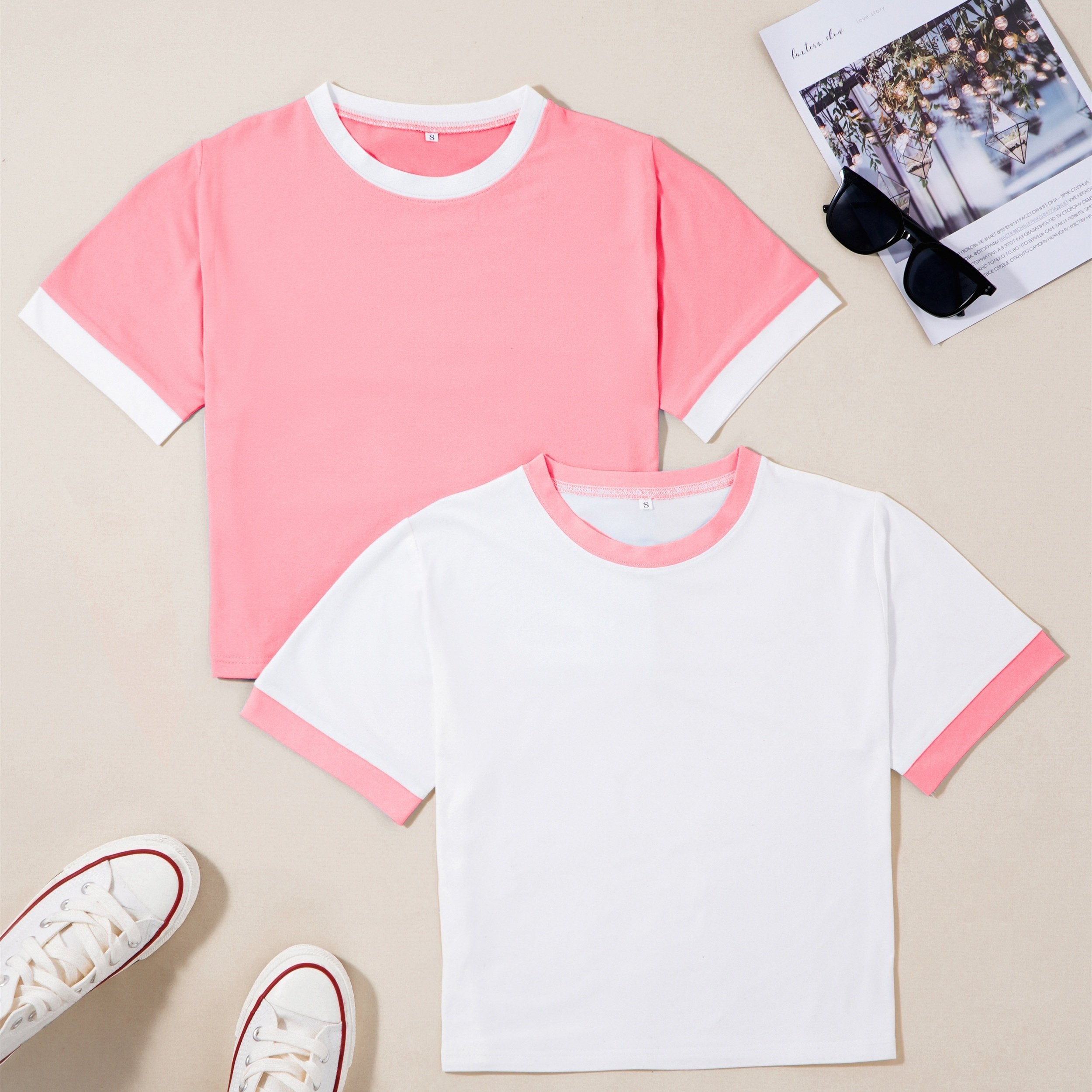 Women's Summer Short Sleeve Splicing Top Solid Color Slim Fit Polyester Knit Crew Neck Casual