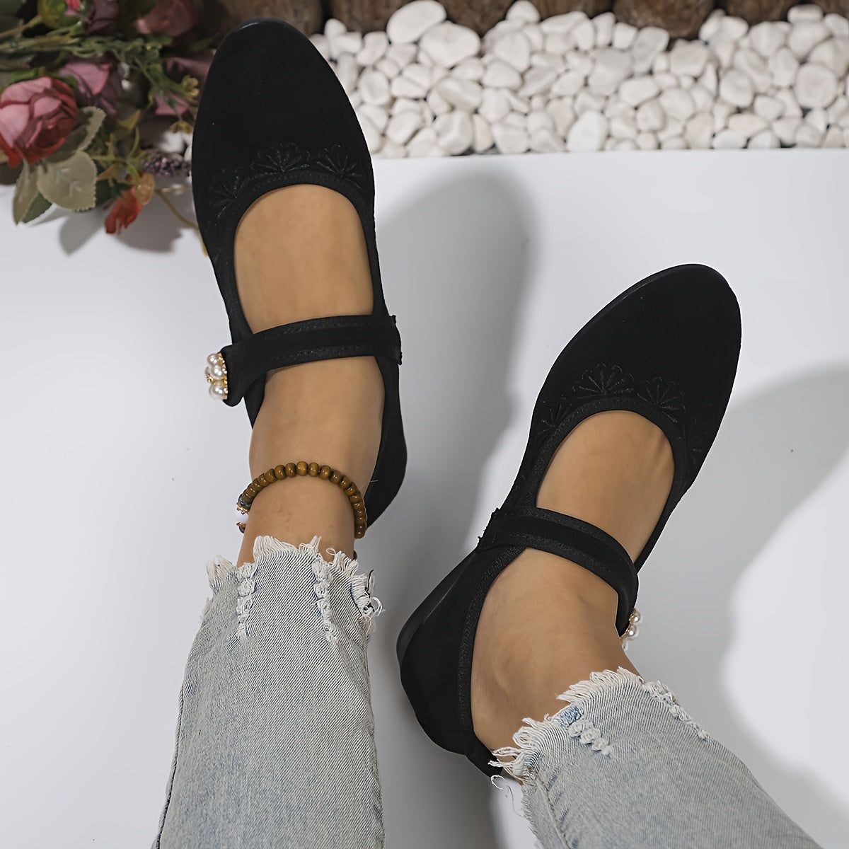 Ayollar uchun flanelli tikilgan Mary-Jane poyabzali, engil, kundalik, yengil burchakli taglik bilan