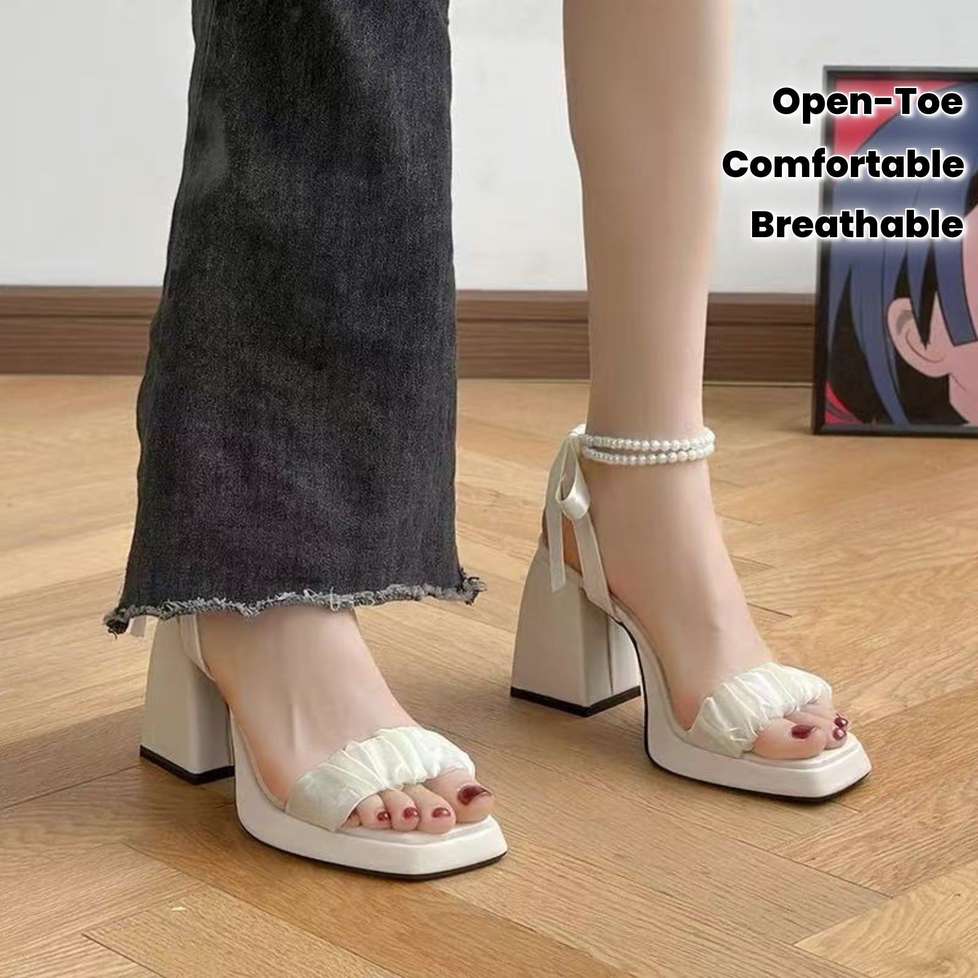 Women Open Toe High Heel Pumps With Pearl Ankle Chain and Cushioned Insole