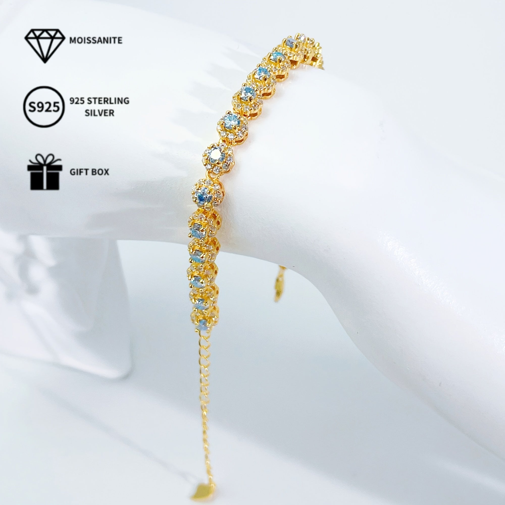 Sterling Silver Bracelet with Blue Moissanite 0.1 Carat for Engagement and Gift