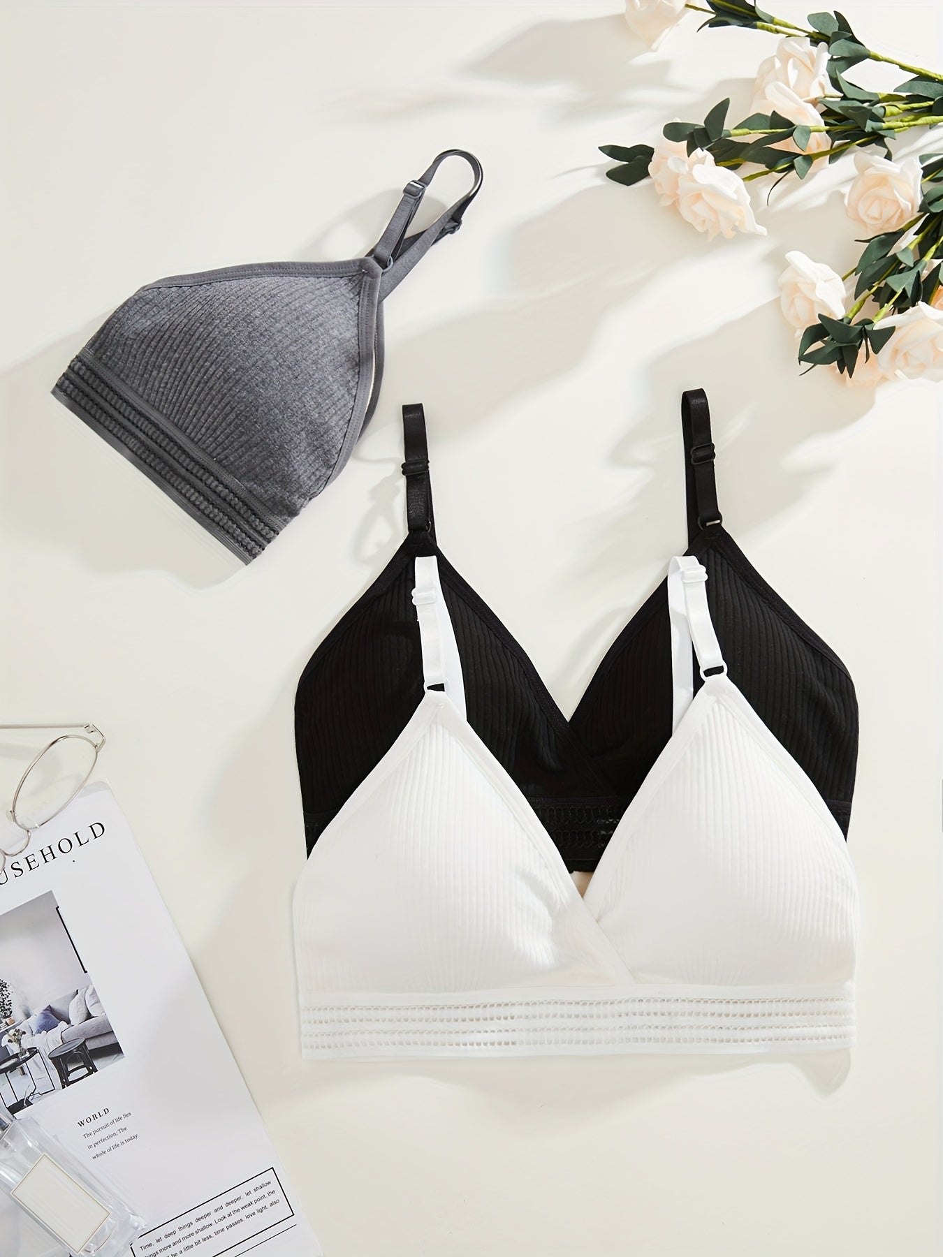 Women's Soft Ribbed Bra Set with Removable Pads in Black White Gray