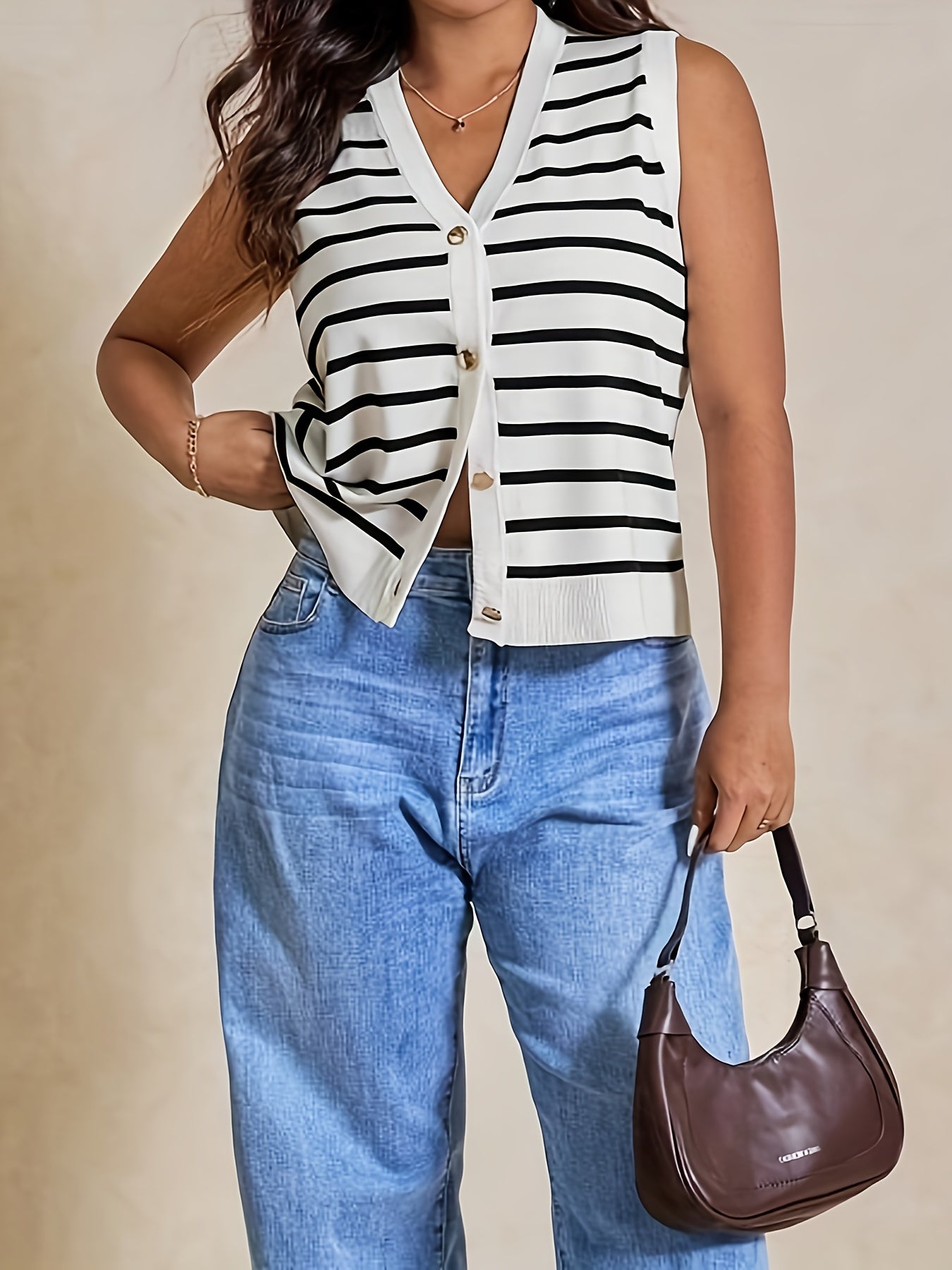 Plus Size Women's Striped Casual Single-Breasted Vest