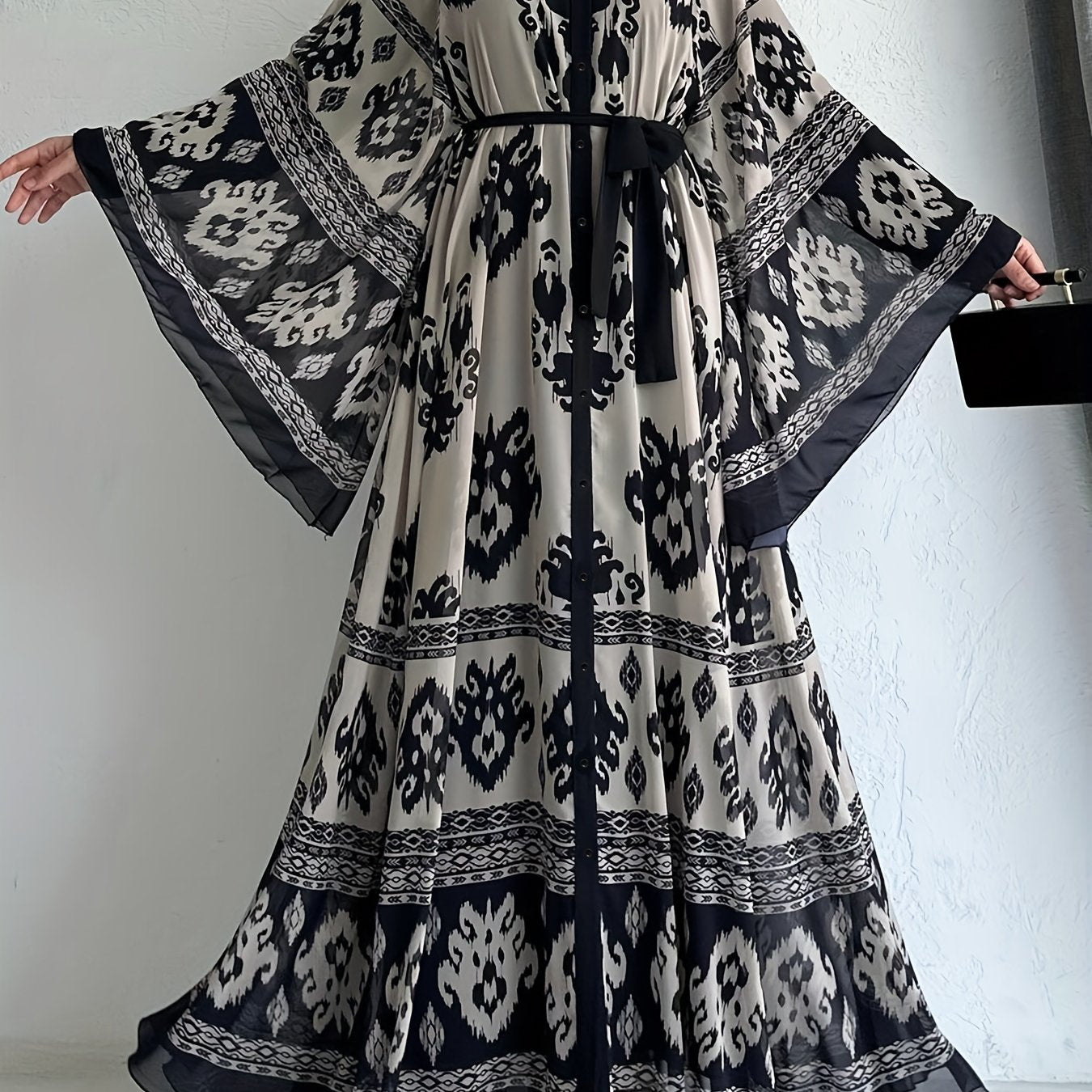 Allover Print Belted Maxi Dress with Bell Sleeves and Pleats for Spring Fall Women