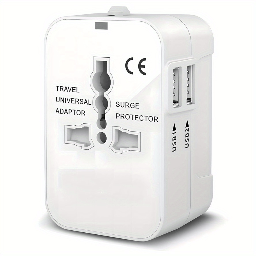 Adaptador de viaje con puertos USB duales para teléfonos y portátiles, compacto, 3 opciones de color, compatible con EE. UU., UE, Reino Unido y AU