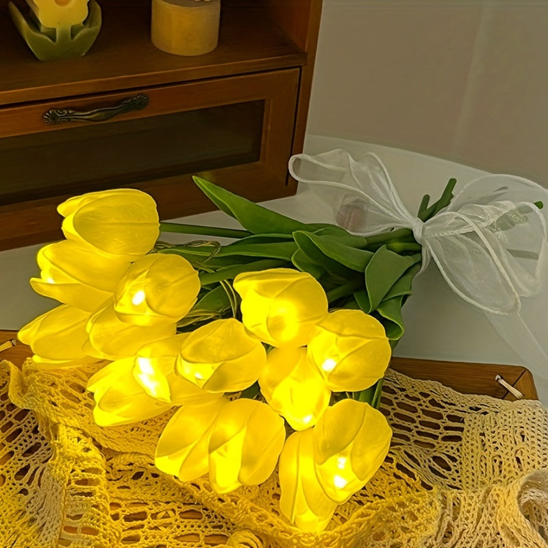 Juego de 10 tulipanes de luz nocturna con simulación de LED, ramo de mano, lámparas de mesa para decoración de habitación