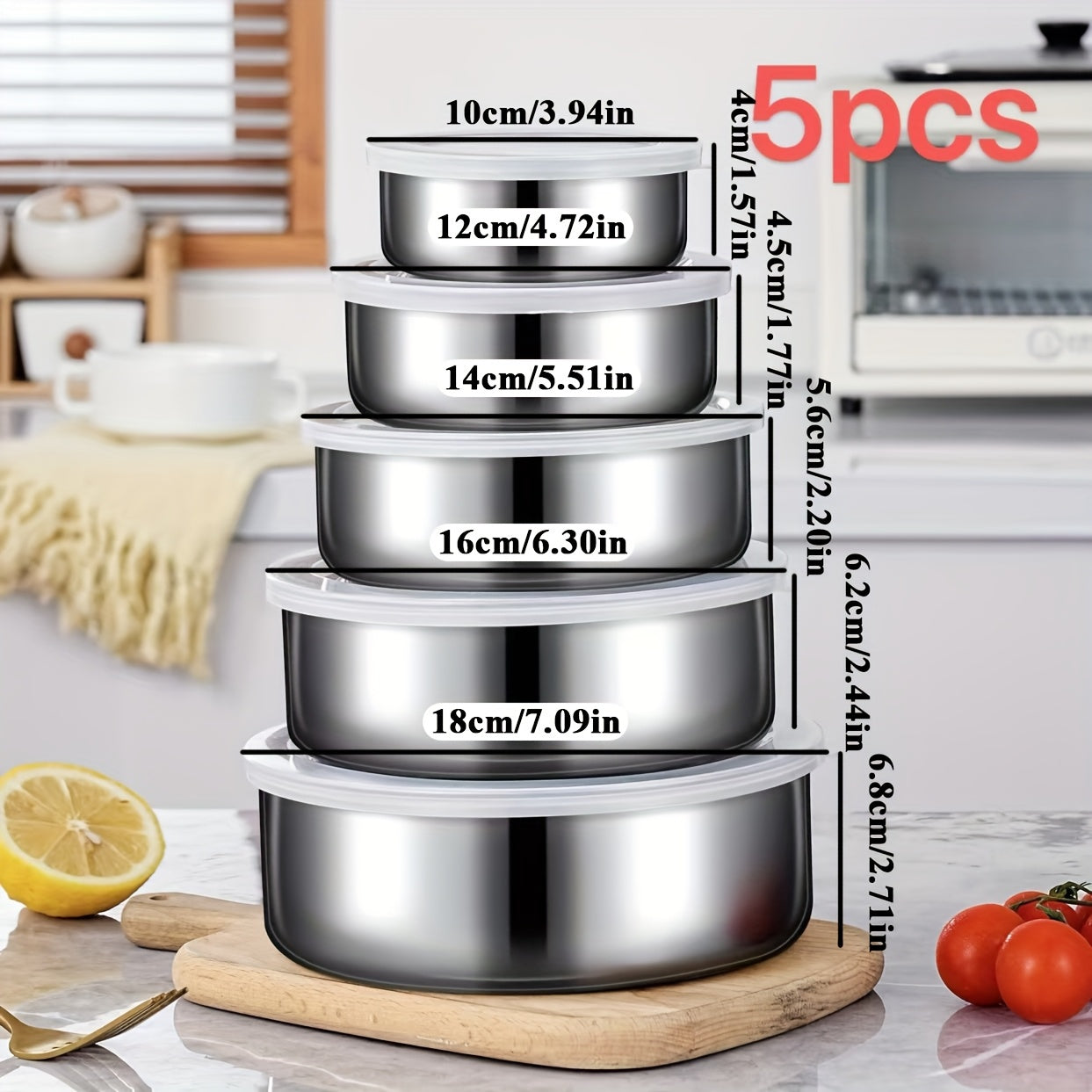5 ta zanglamas po'latdan yasalgan oziq-ovqat saqlash idishlari to'plami, shaffof qopqoq bilan - mevalar, sabzavotlar va boshqalarni saqlash uchun mukammal | Oshxona tashkiloti uchun zarur, quvvat talab qilinmaydi, oziq-ovqat saqlash uchun xavfsiz