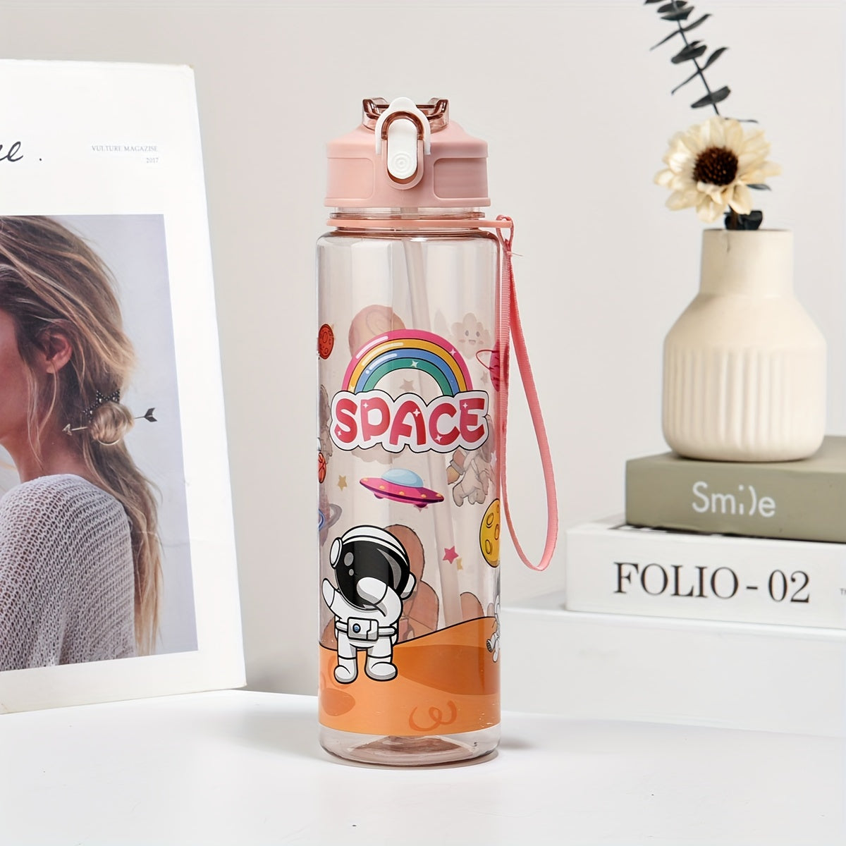 Space-Themed Astronaut Water Bottle with Straw Lightweight PVC-Free for Outdoor and Back-to-School