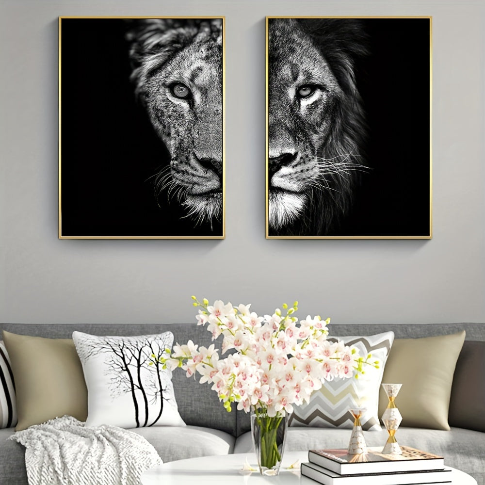 African Lion Wall Poster Set Frameless Canvas Art Black and White 15.7x23.6 Inches