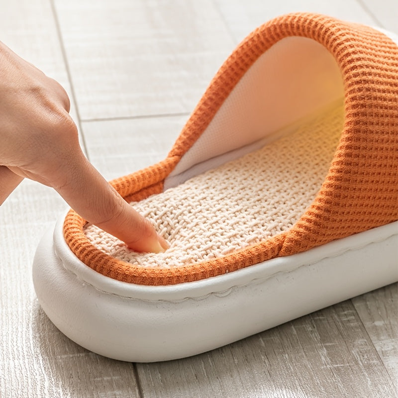 Women Linen Slippers Soft Non-Slip Indoor Shoes Light Blue White Love