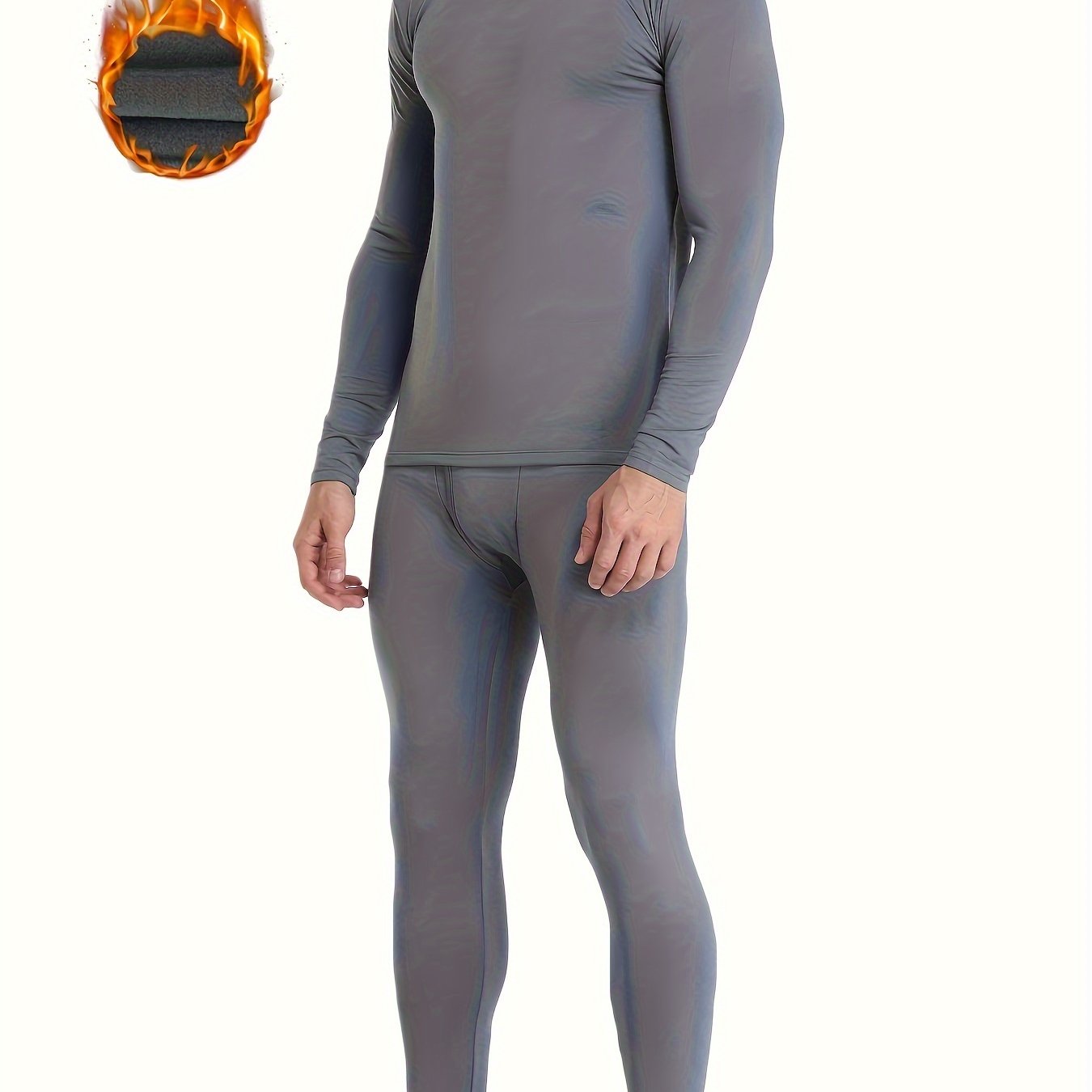 Men's Winter Thermal Underwear Set Long Sleeve Top and Pants Solid Color Polyester Spandex