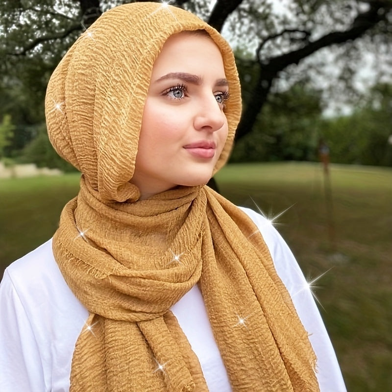 Crinkled Polyester Hijab Scarf for Women Solid Color Breathable Lightweight