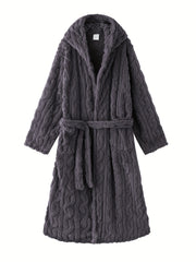 bata de felpa para mujer con capucha, manga larga, cinturón, bolsillos, otoño e invierno, punto, poliéster