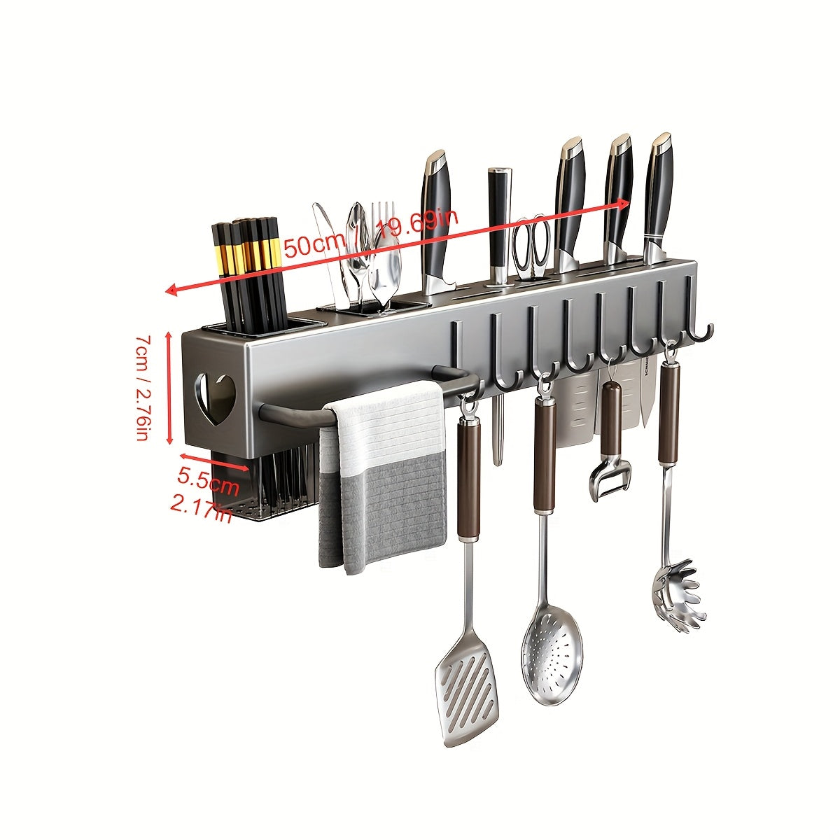 Soporte de utensilios de cocina de pared con ganchos, organizador de metal y plástico sin taladro