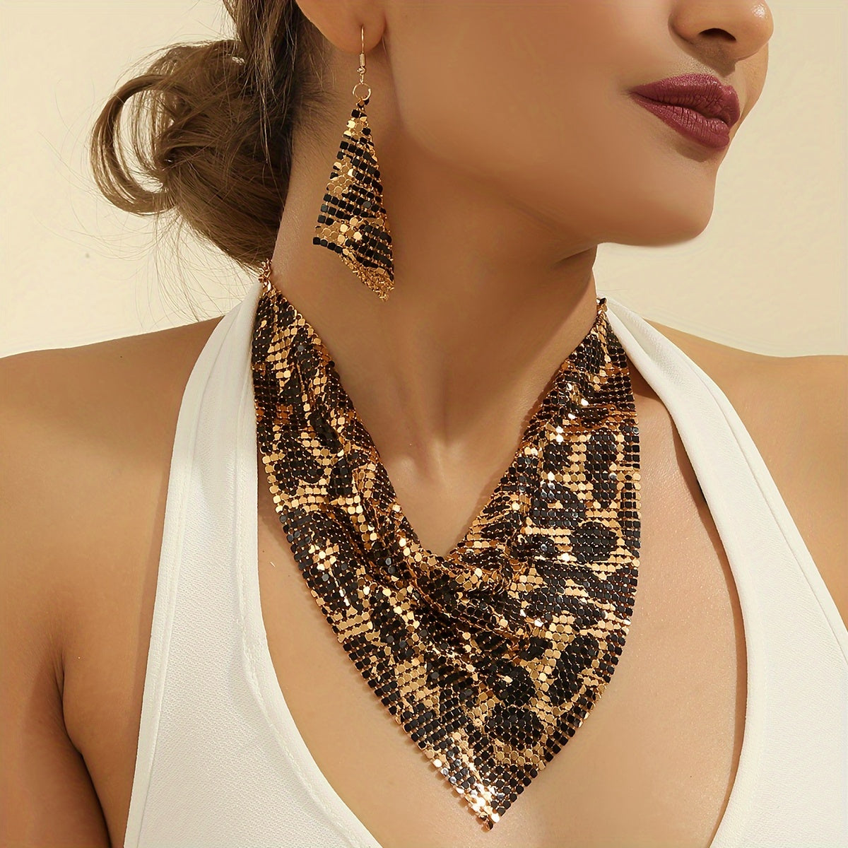 Leopard Print Gold Plated Jewelry Set with Choker Necklace and Earrings