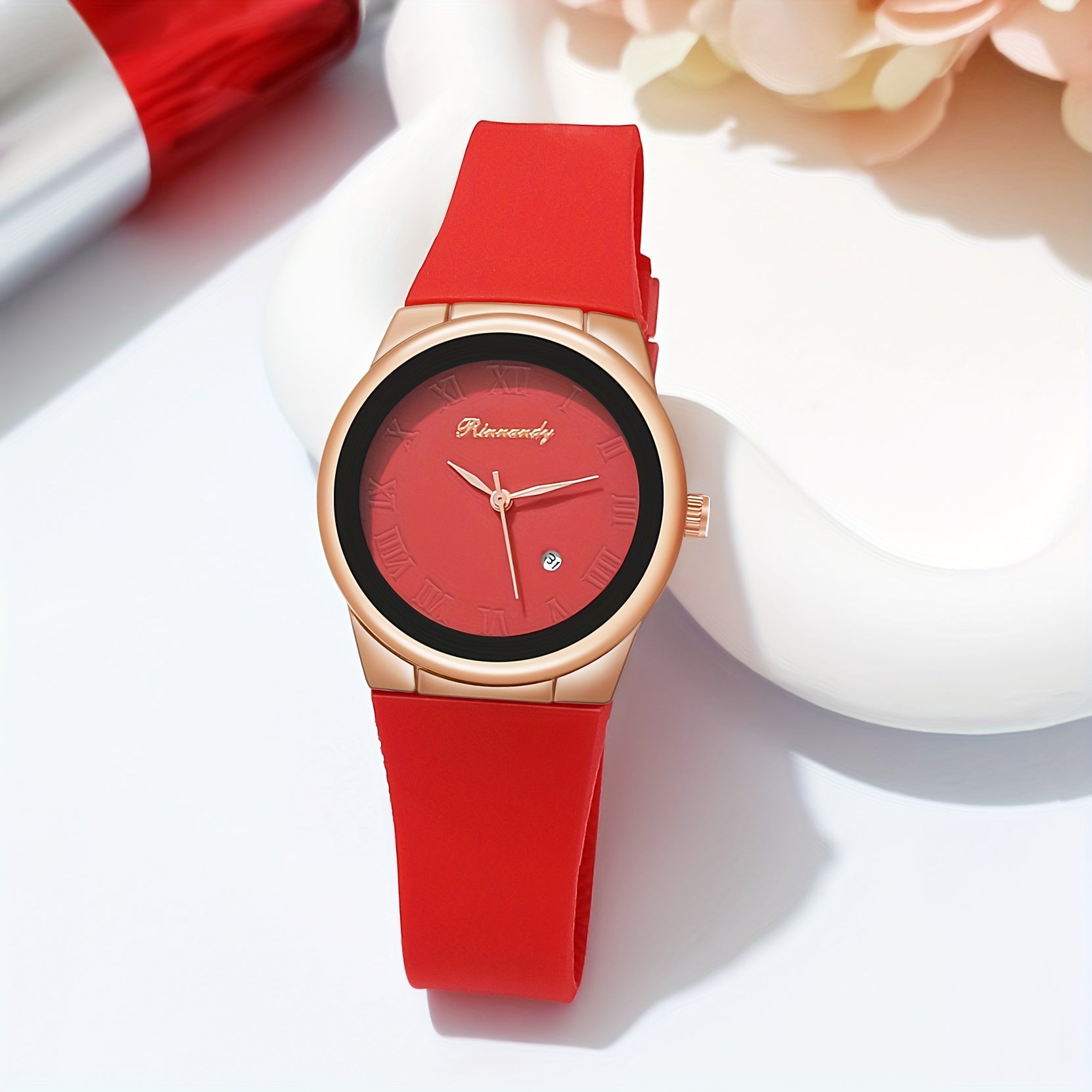 Women Quartz Watch with Silicone Band and Analog Calendar