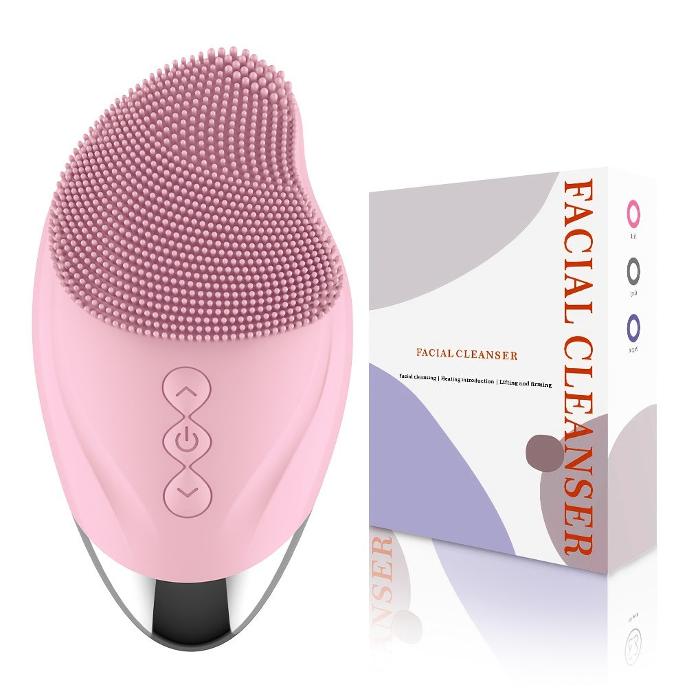 Rechargeable Silicone Facial Cleansing Brush with Heating Massage Pink Purple Grey