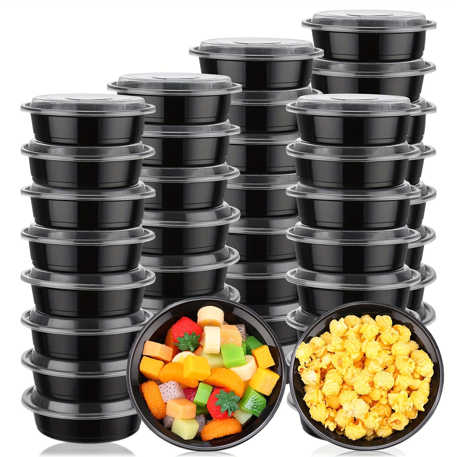 24oz Black Plastic Food Storage Bowls with Lids Pack of 10 30 50 Leakproof Microwave Safe