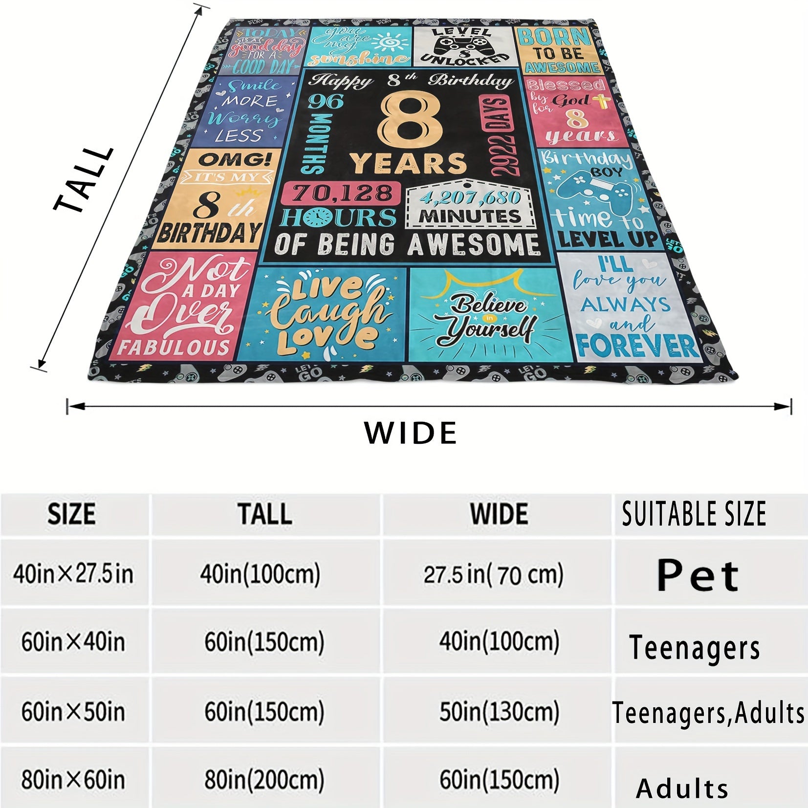 8th Birthday Flannel Blanket All-Season Throw for Boys and Girls