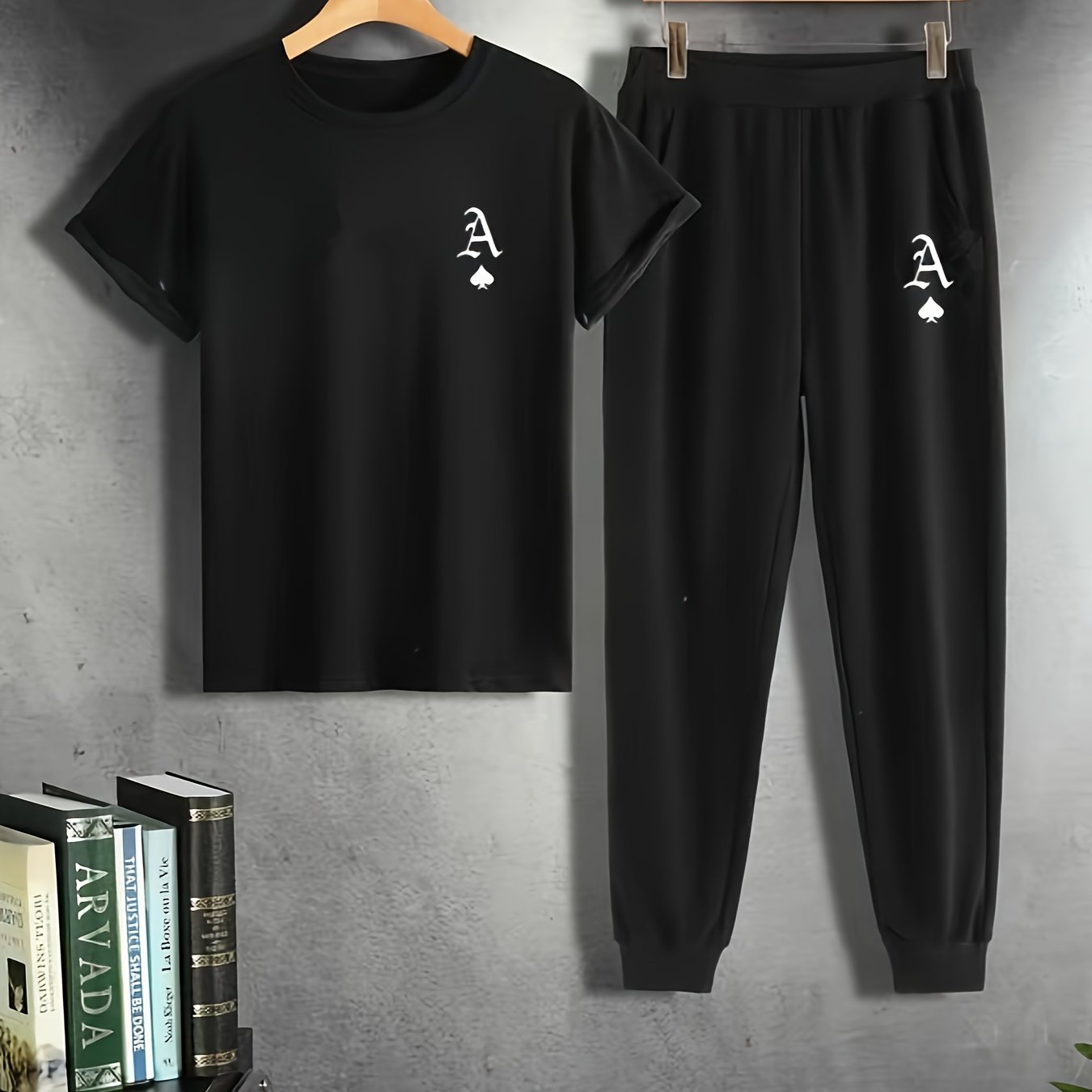 Men's Summer Casual Pajama Set Solid Polyester Crew Neck Short Sleeve T-Shirt and Joggers