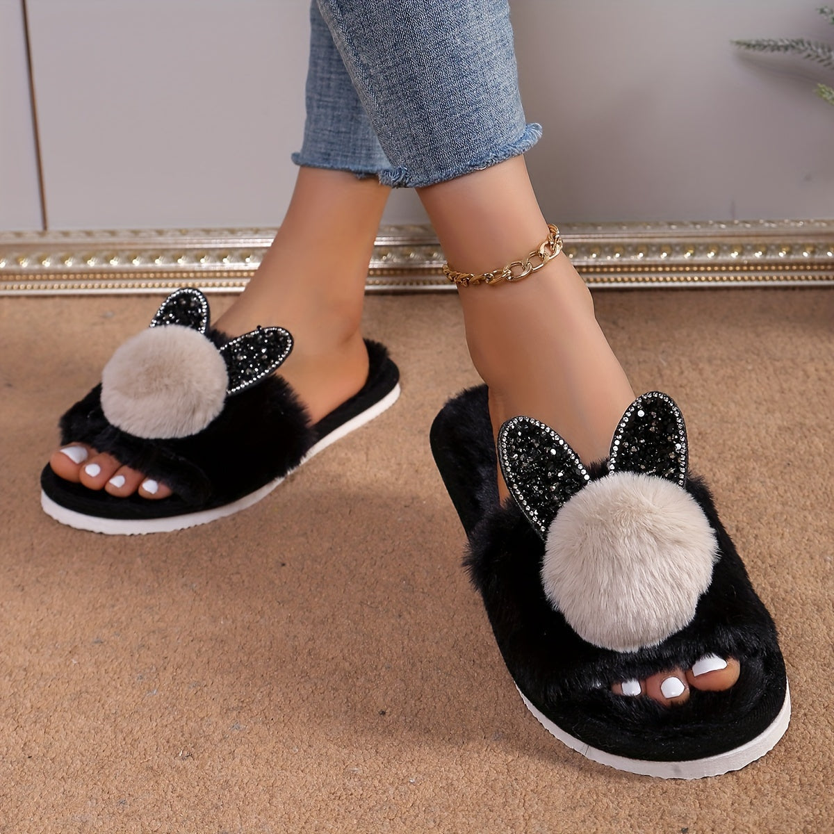 Zapatillas con orejas de conejo con purpurina para mujer, interiores, para todas las estaciones, con felpa de peluche, zapatos de casa de EVA